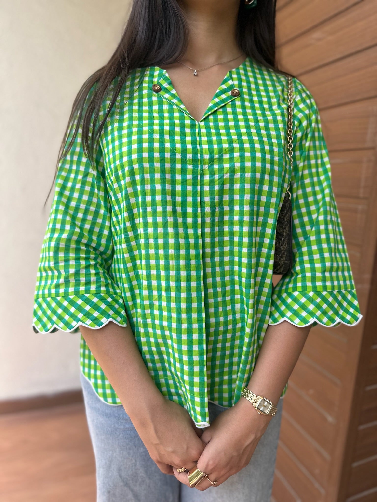 Parrot Green Gingham Scallop Top