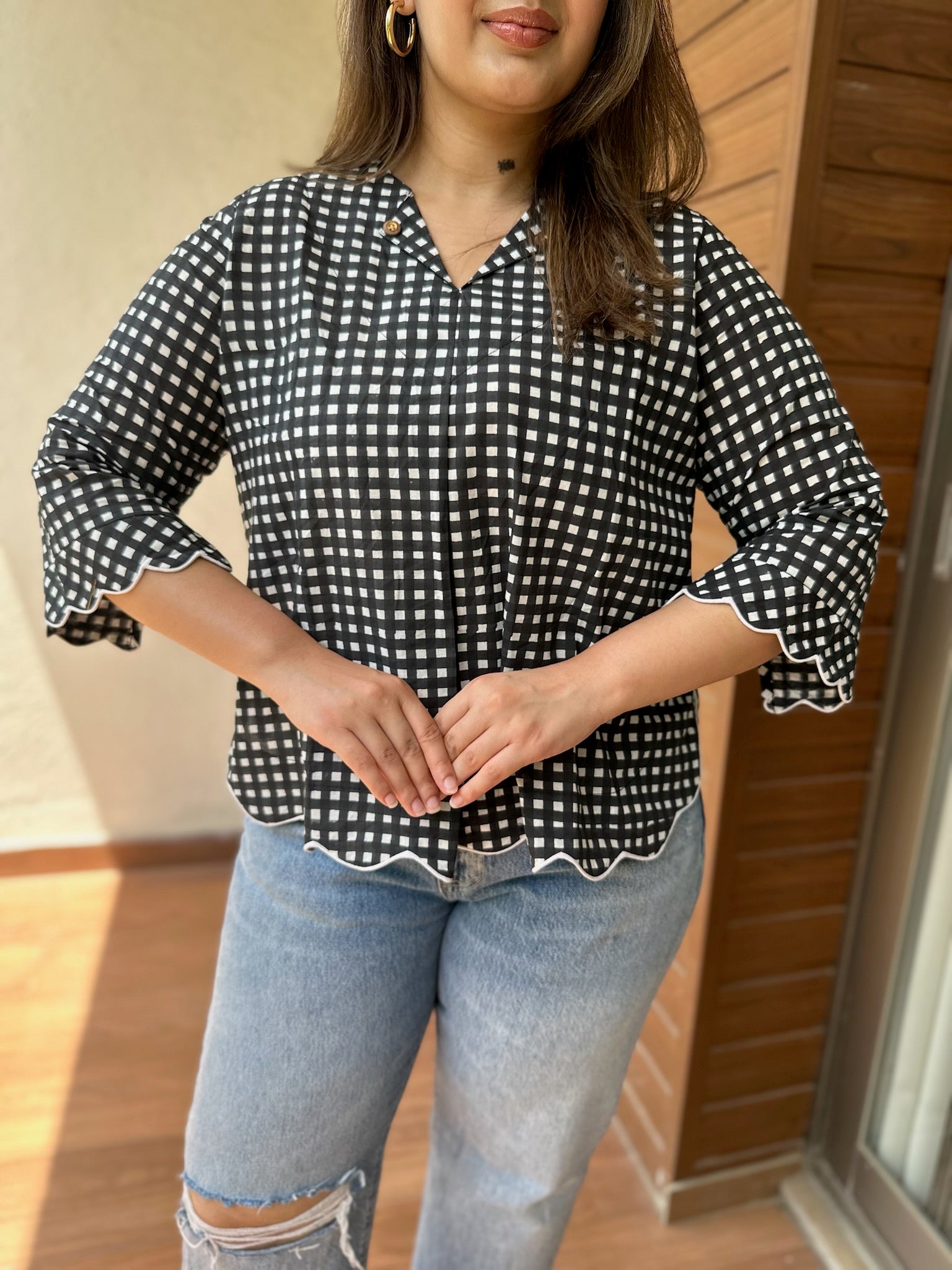 Black White Gingham Scallop Top