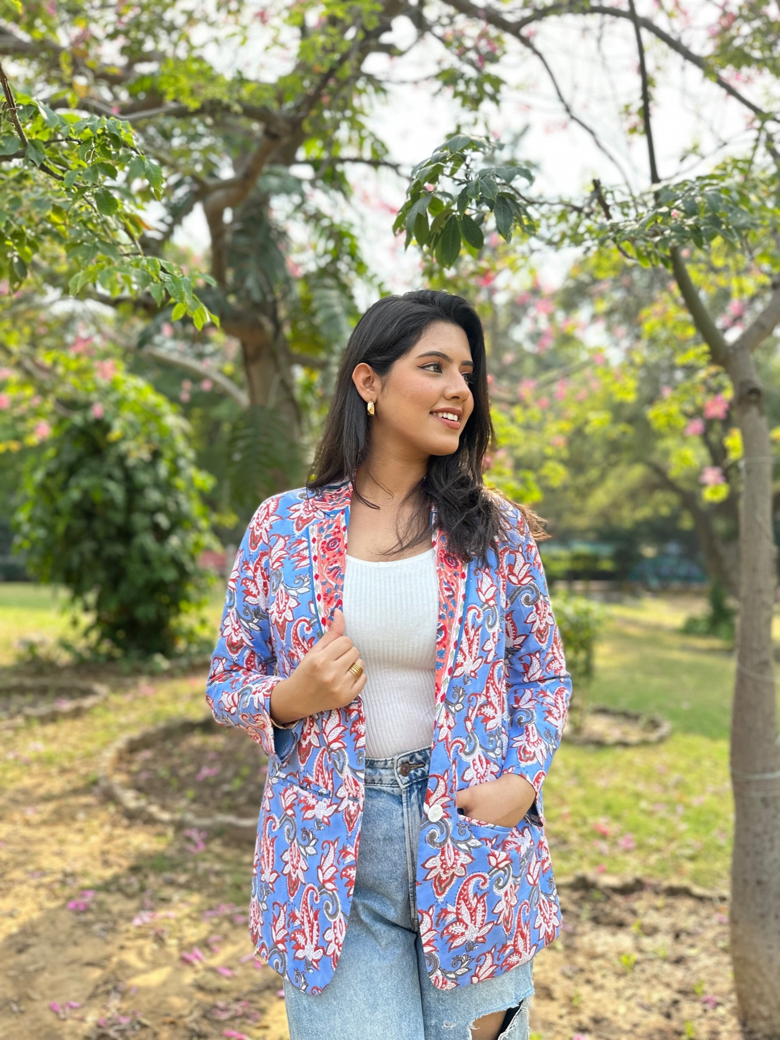 Paisley Block Printed Blazer - Blue