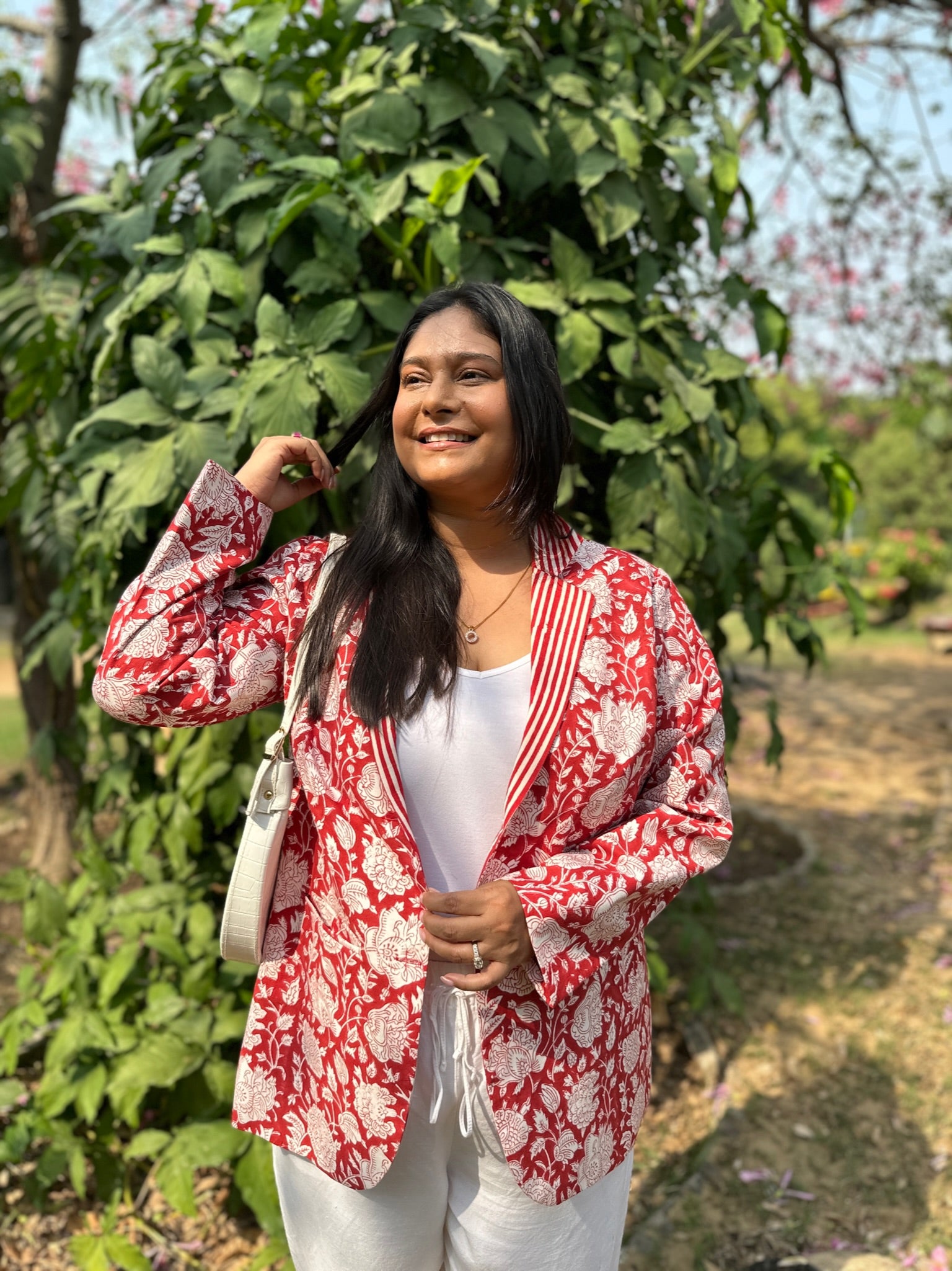 Floral Block Printed Blazer Deep Red