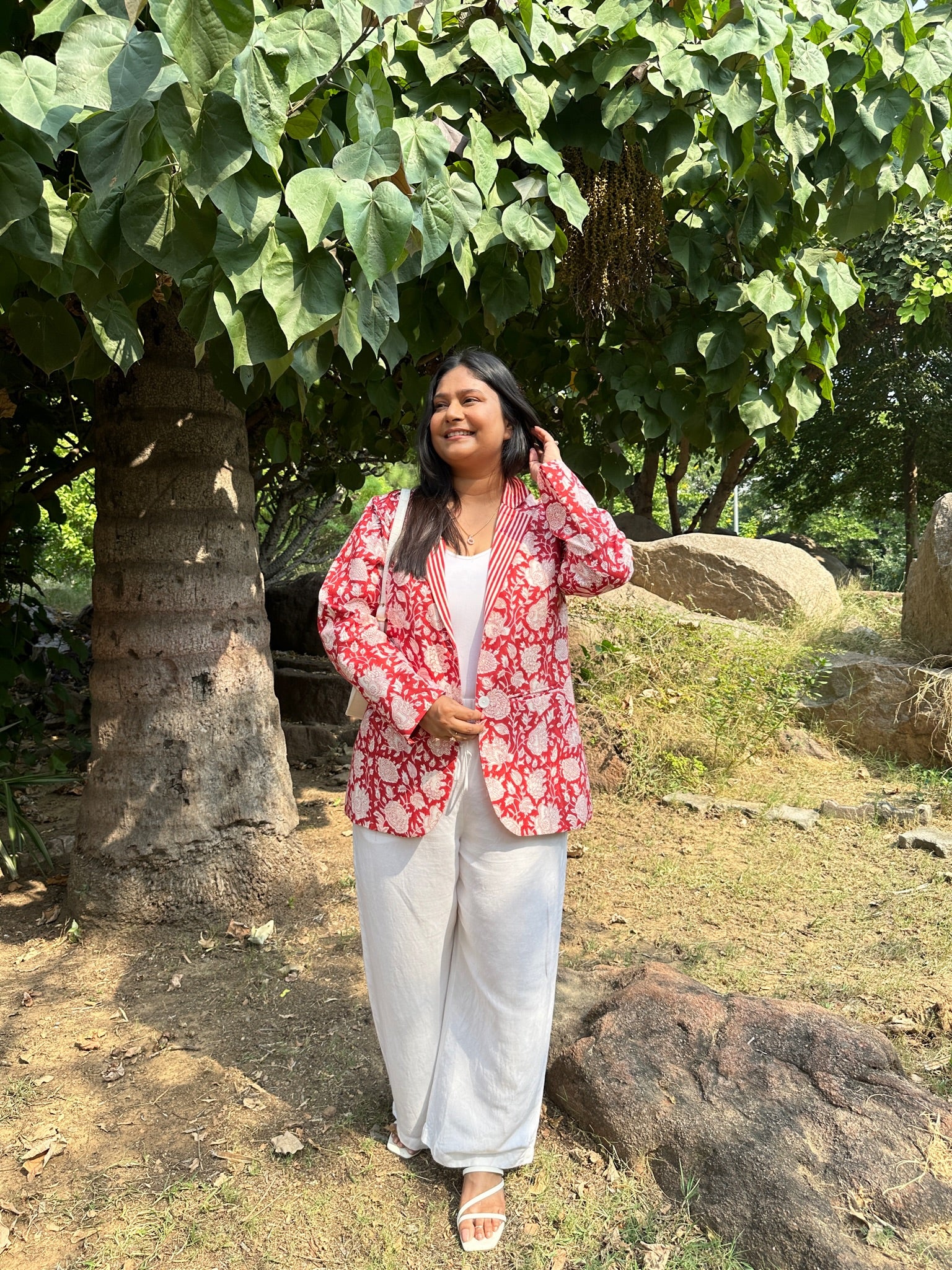 Floral Block Printed Blazer - Deep Red