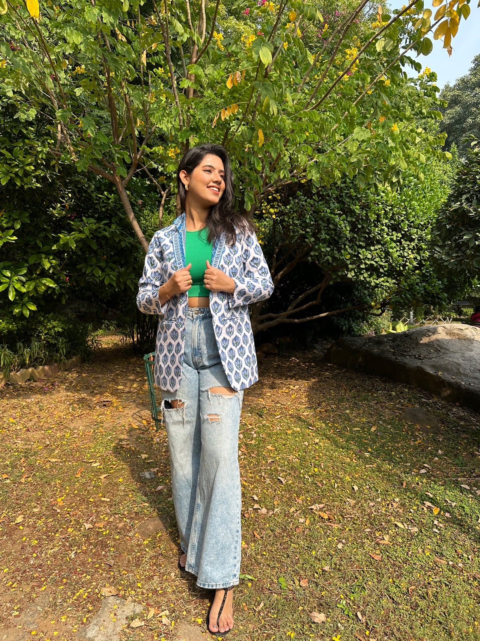 Floral Block Printed Blazer - Blue