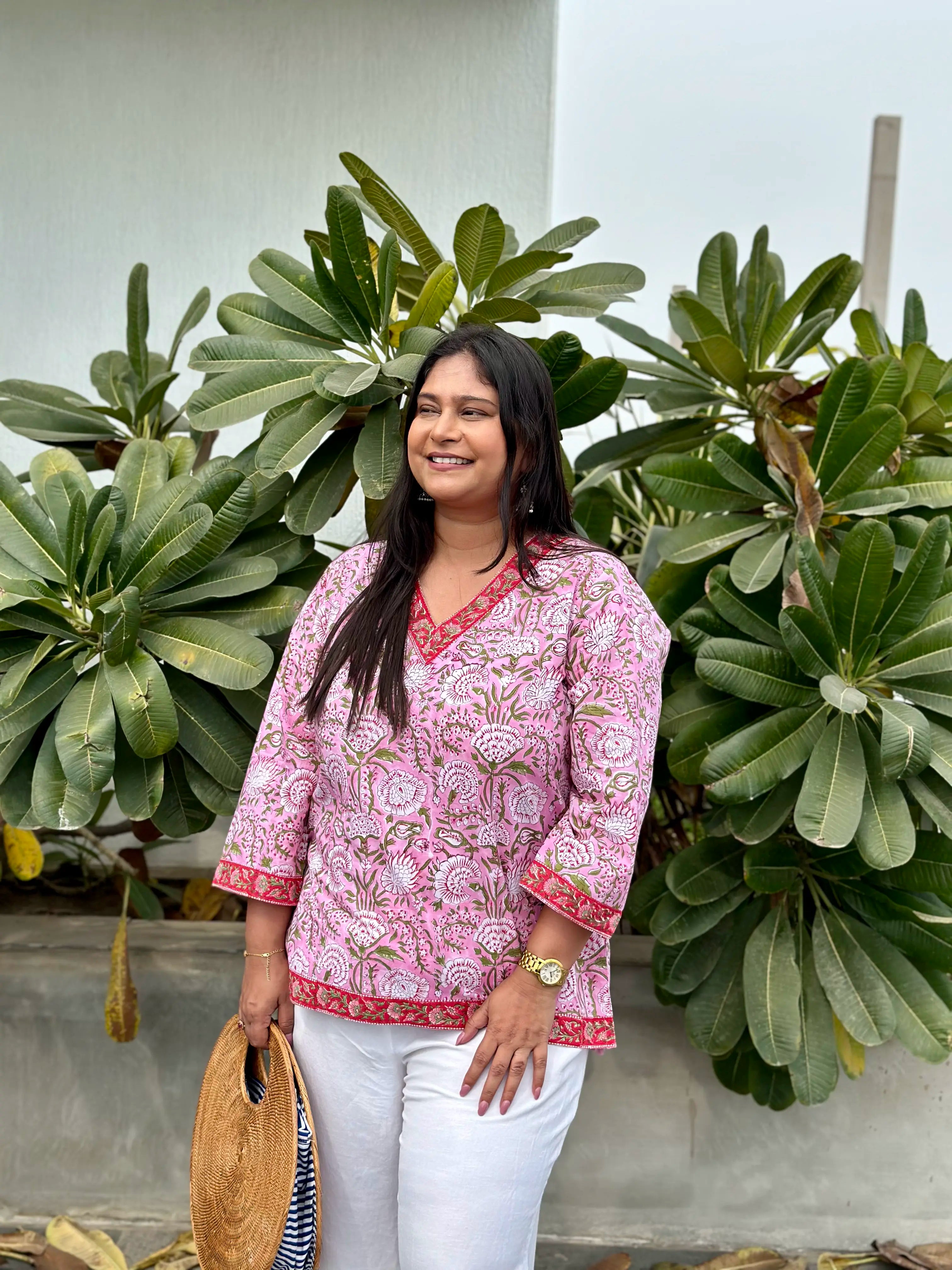 Block printed high low short kurti- pretty pink