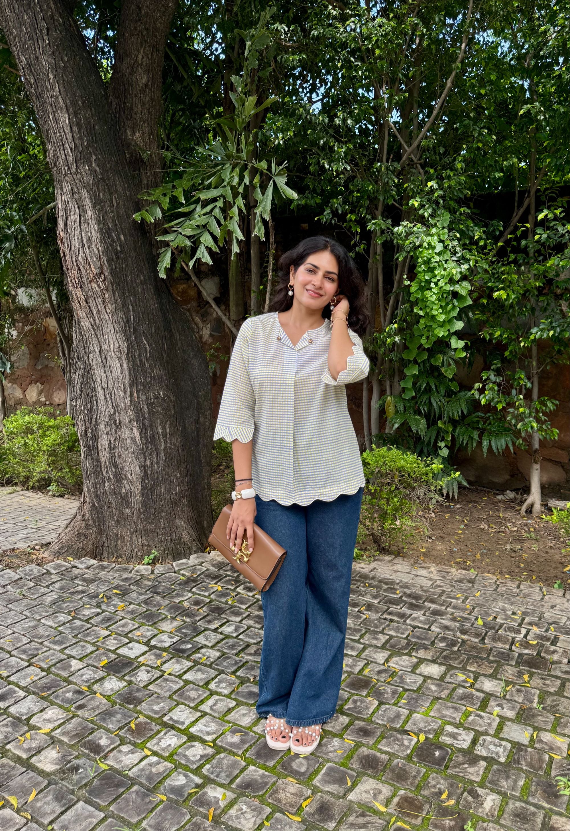 Blue Yellow Gingham Scallop Top