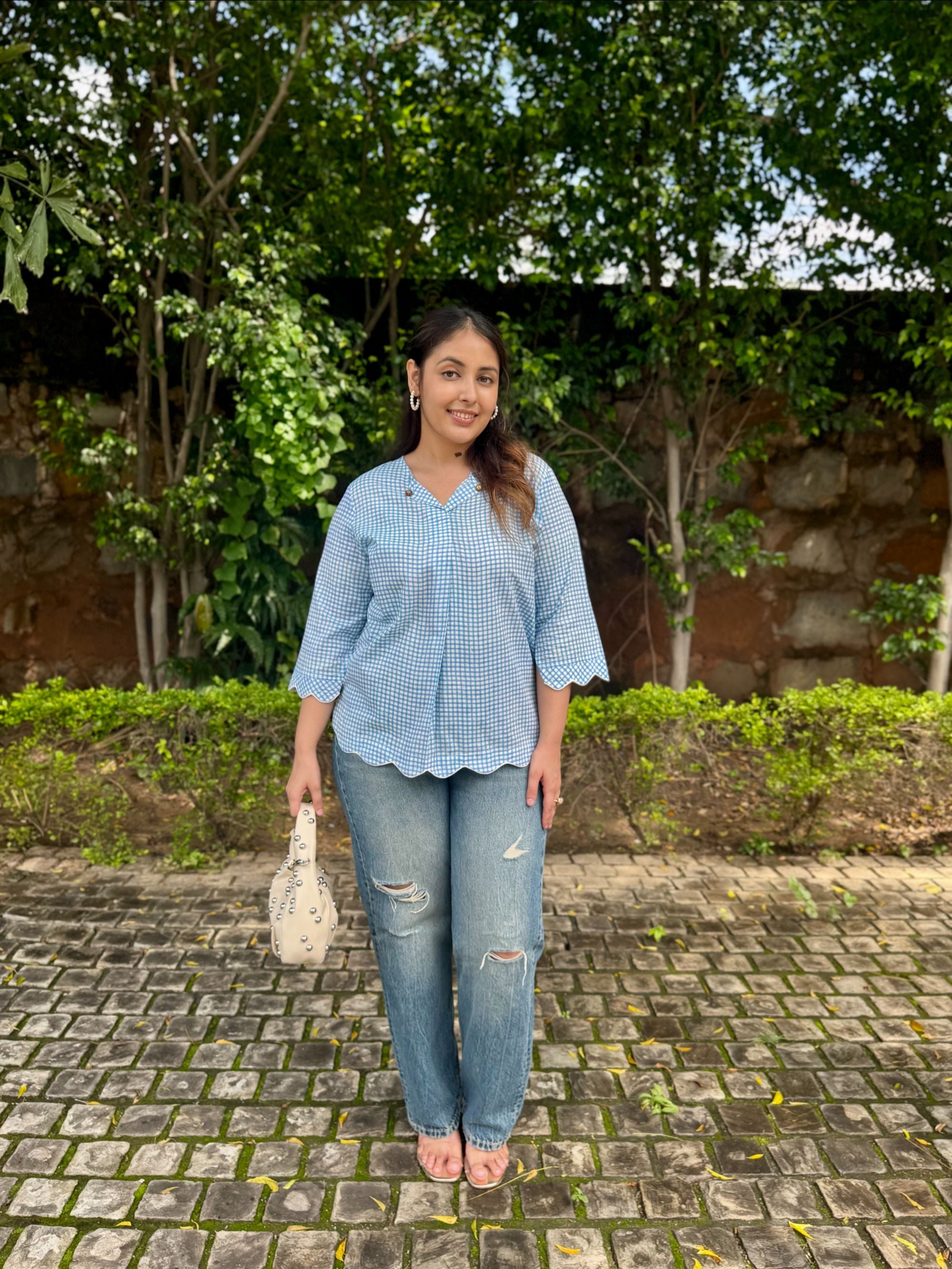 Turquoise Blue Gingham Scallop Top