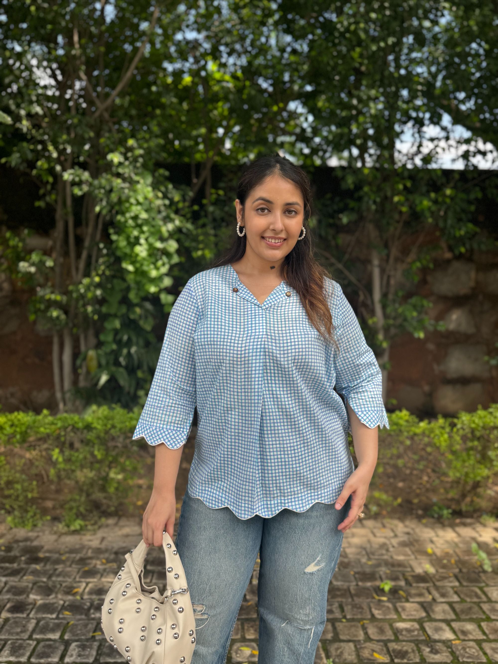 Turquoise Blue Gingham Scallop Top