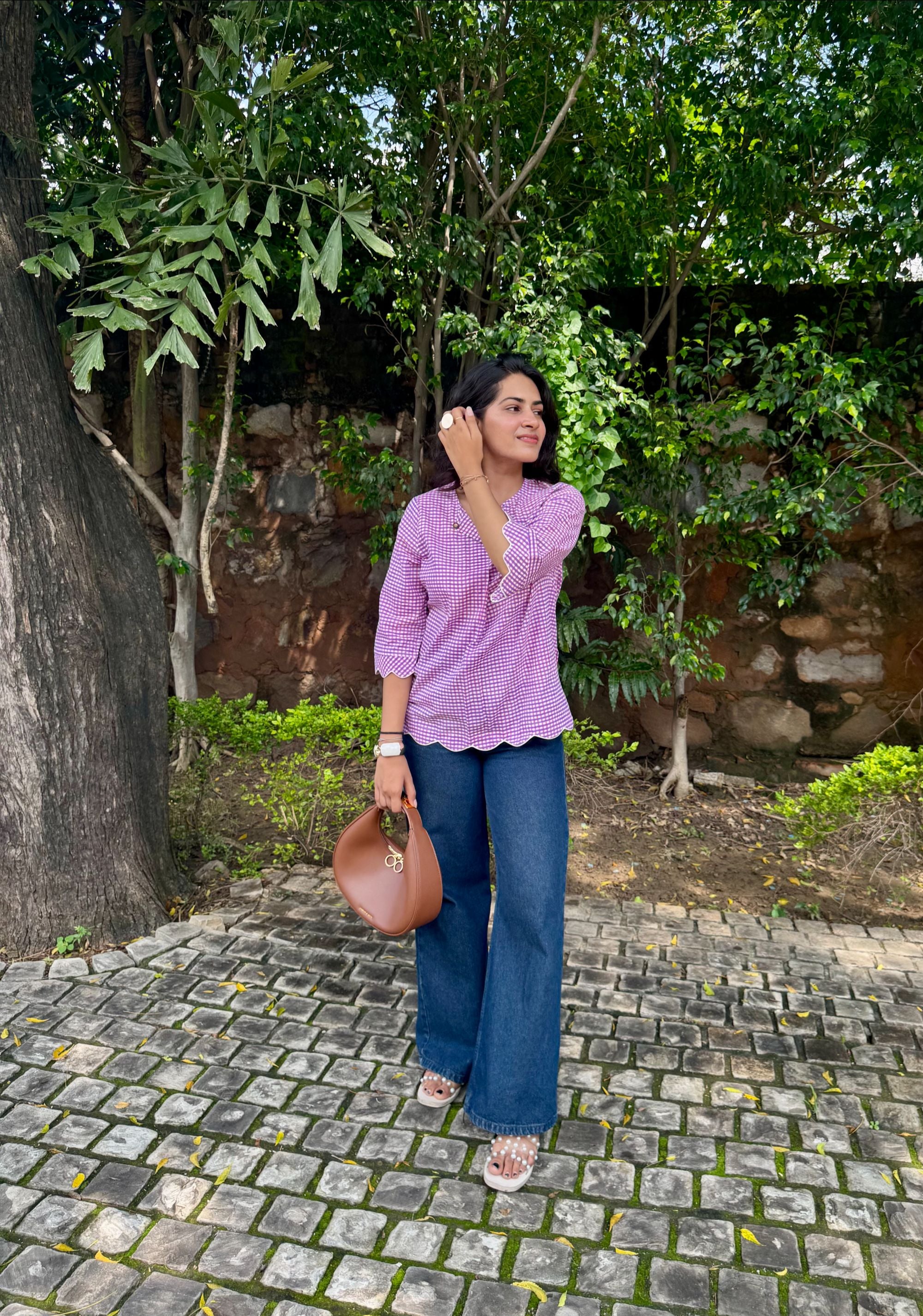 Pink Purple Gingham Scallop Top