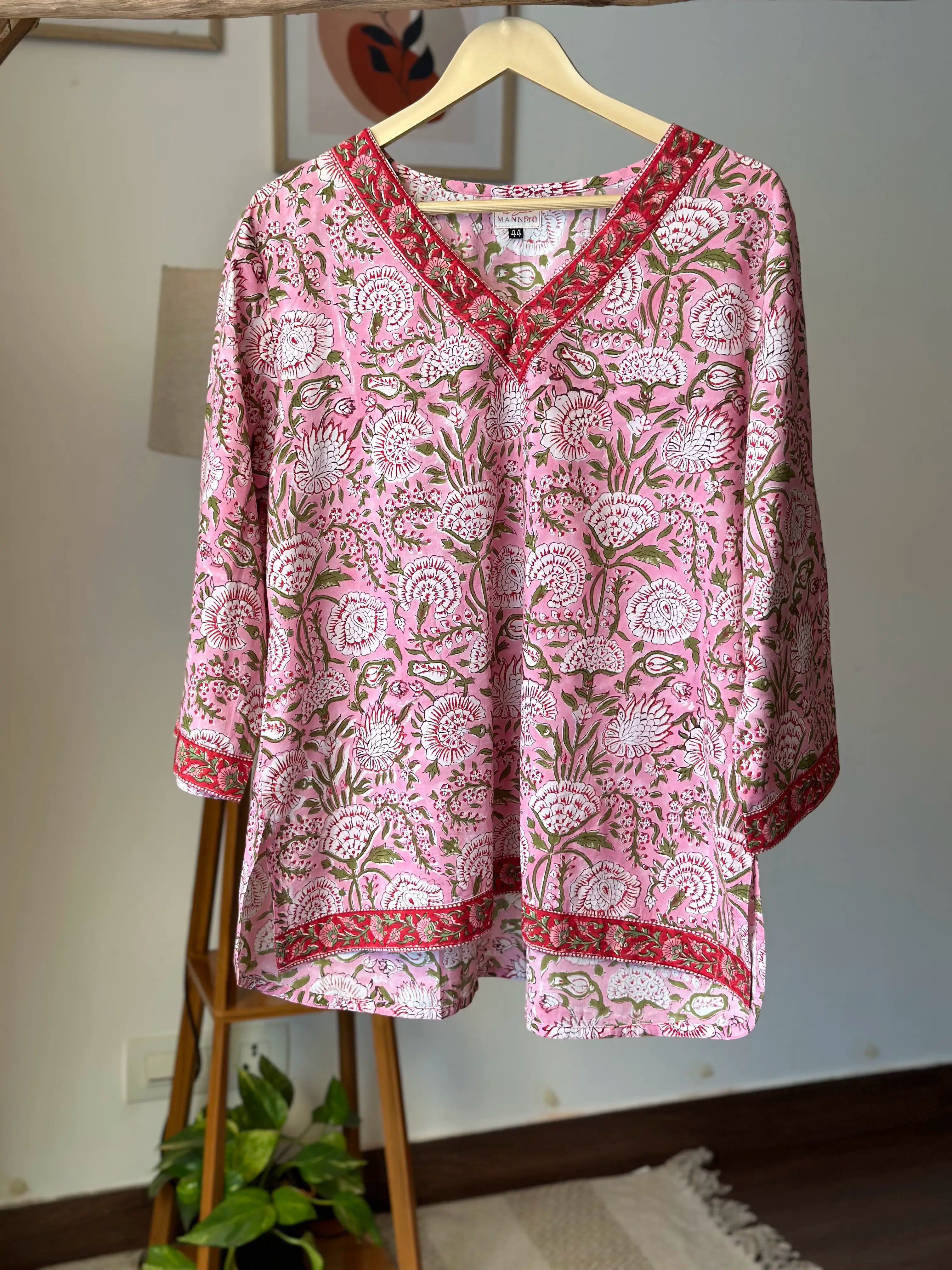 Block printed high low short kurti- pretty pink