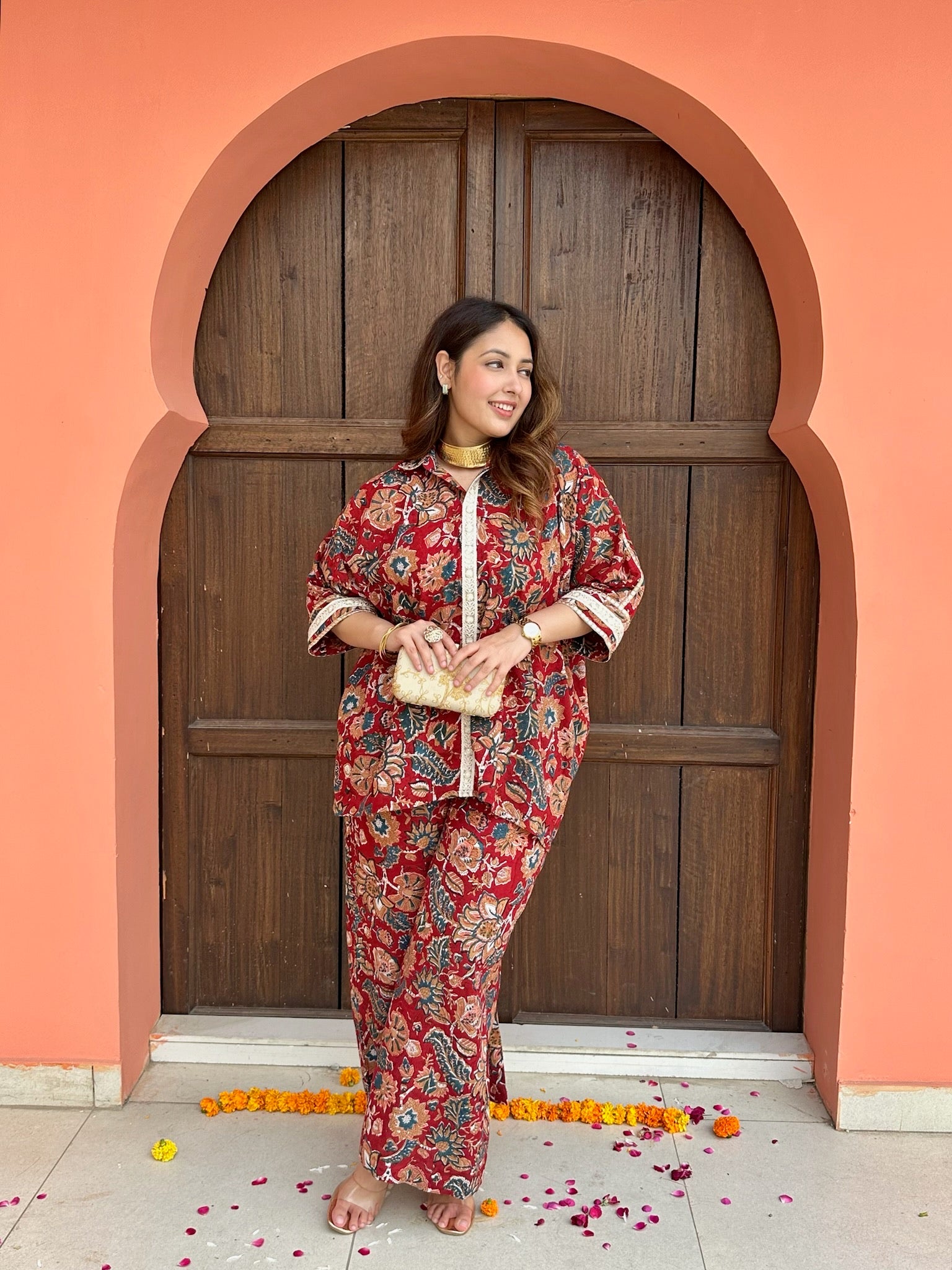 Blossom Veil Asymmetric Mulmul Co-ord Set