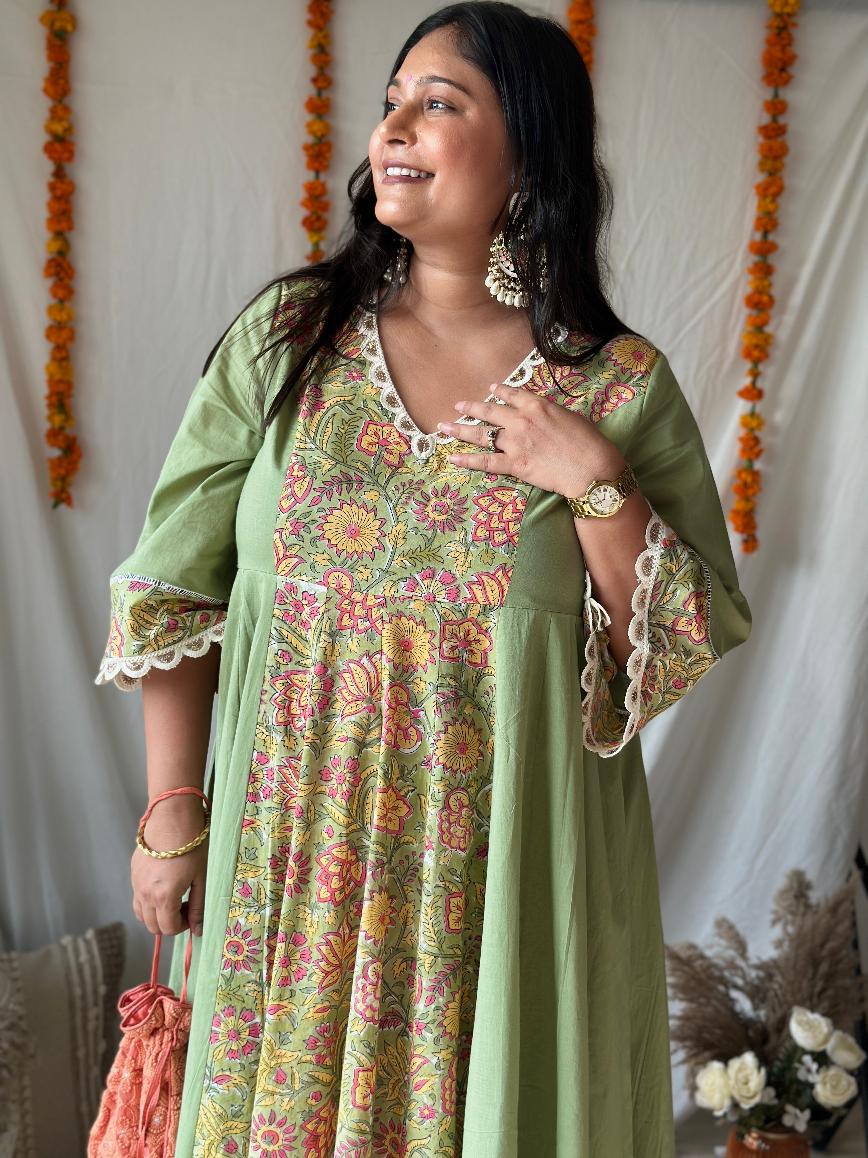 Floral Printed Anarkali - Green