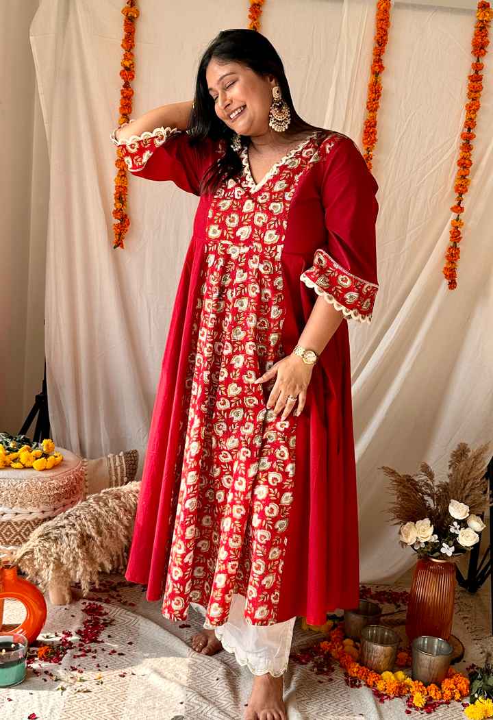 Floral Printed Anarkali - Red