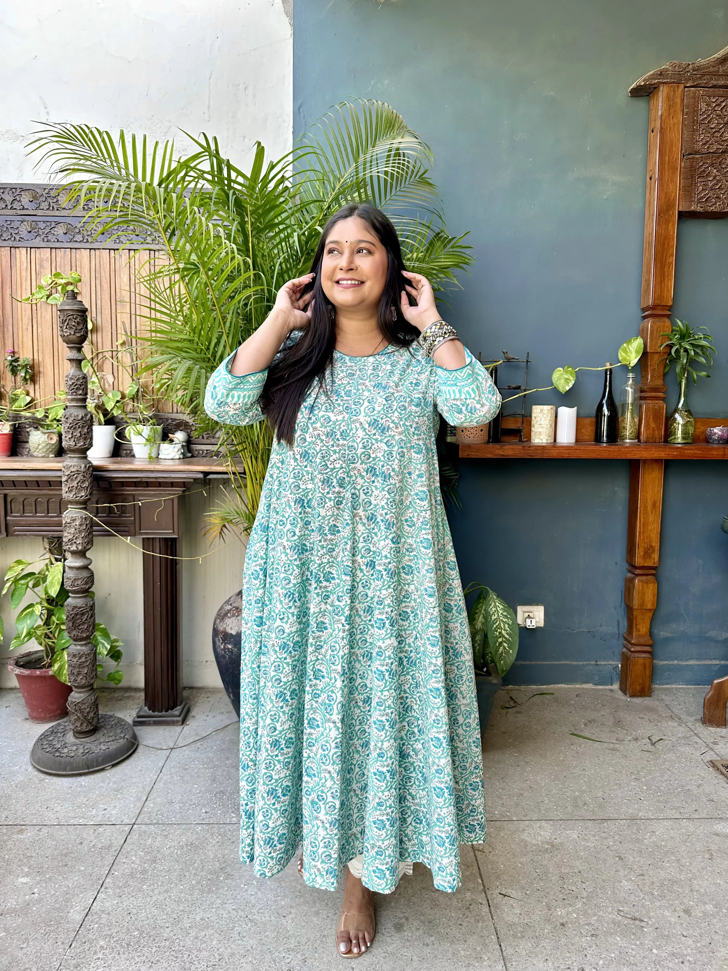 All over printed Anarkali- Pearl Green