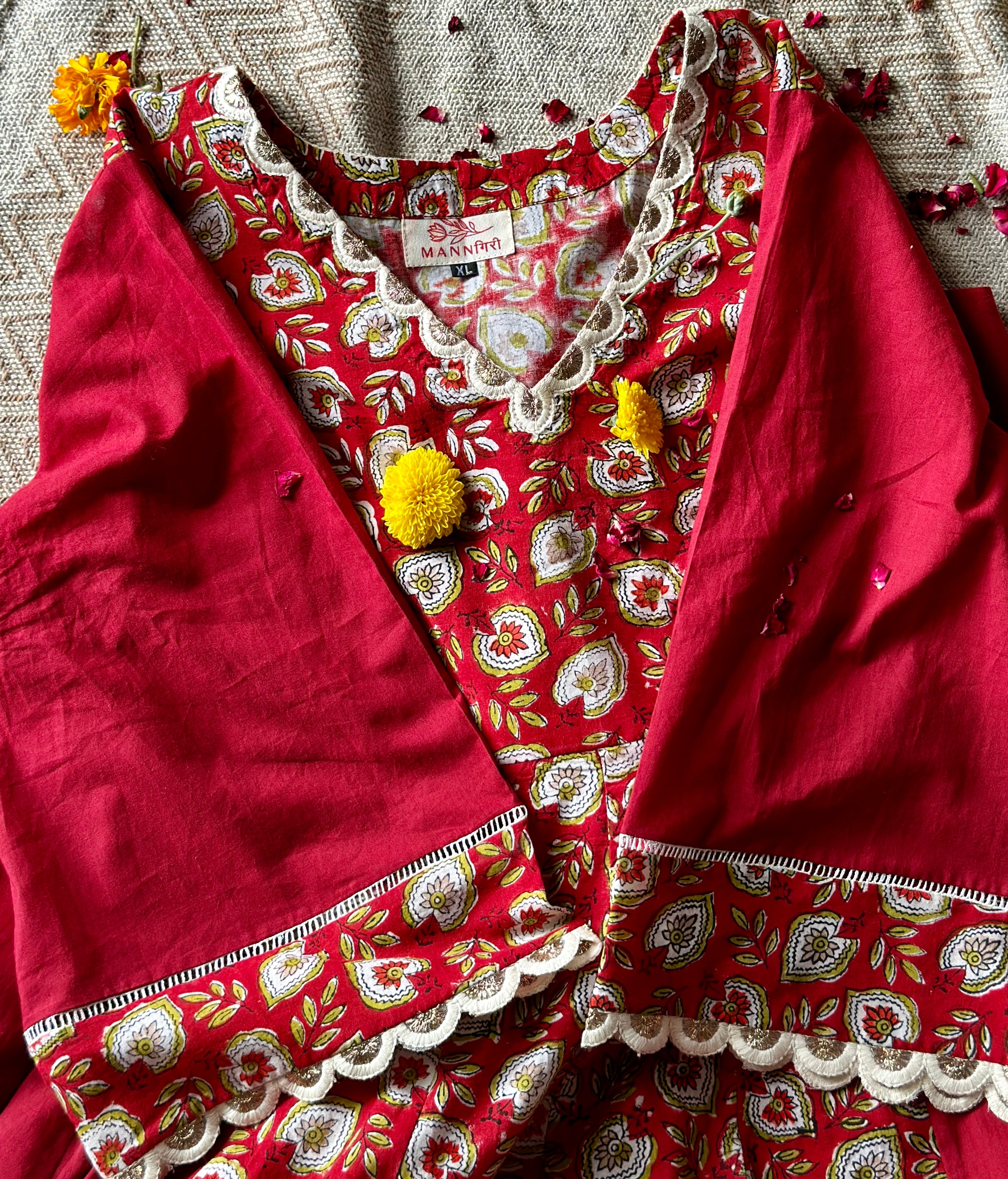 Floral Printed Anarkali - Red