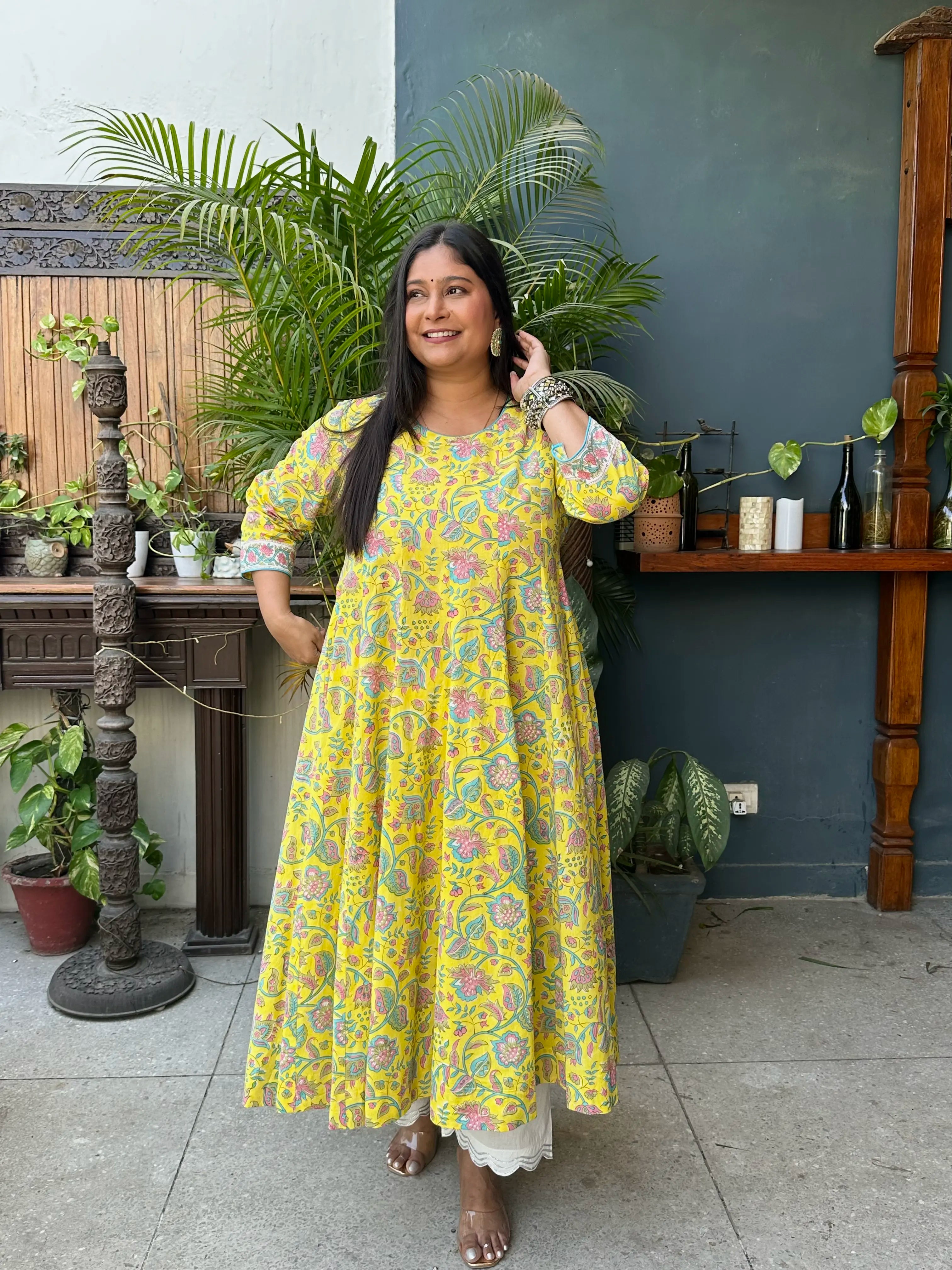 All over printed Anarkali-Yellow