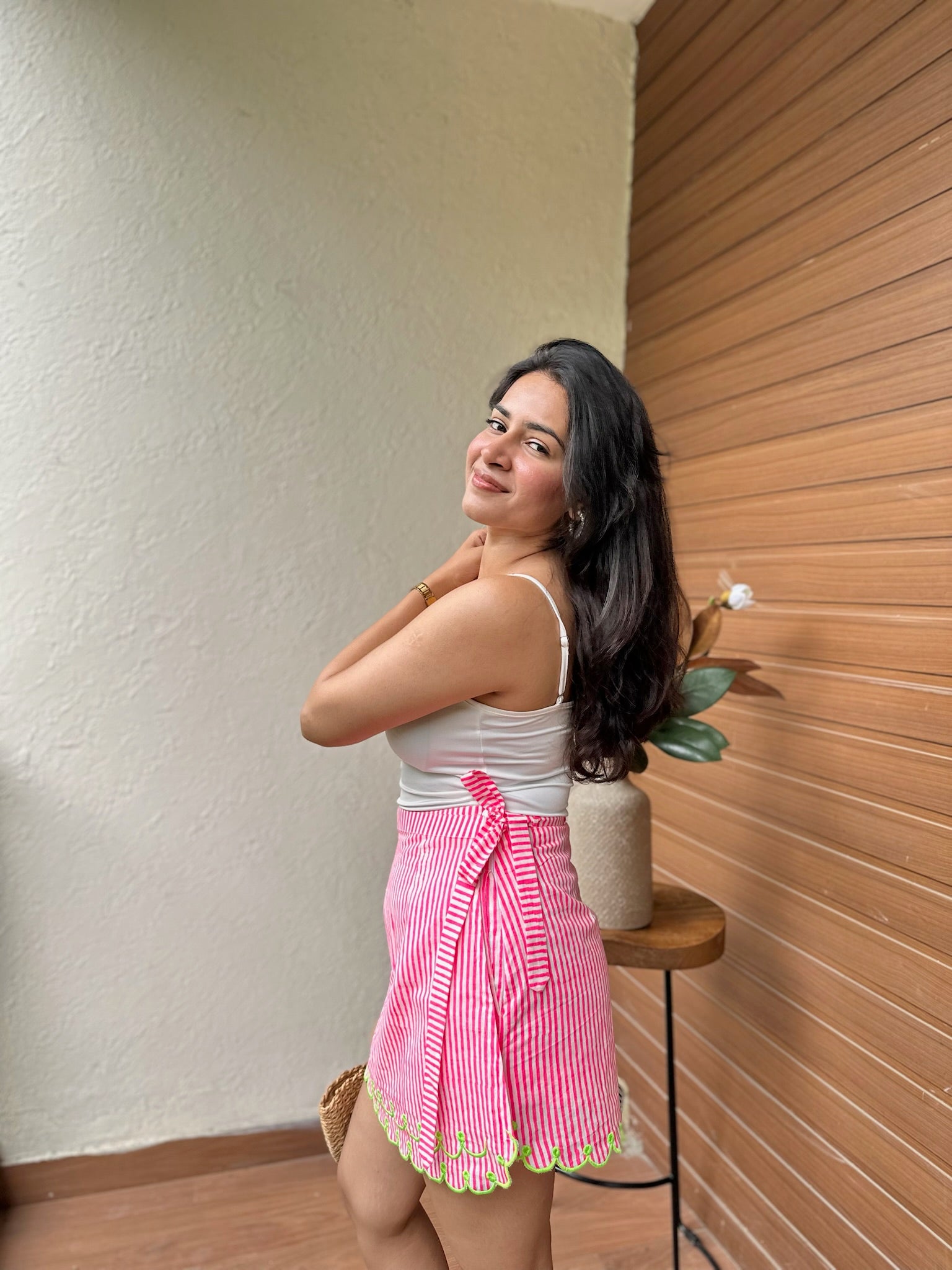 Pink Green Striped Embroidery Skort