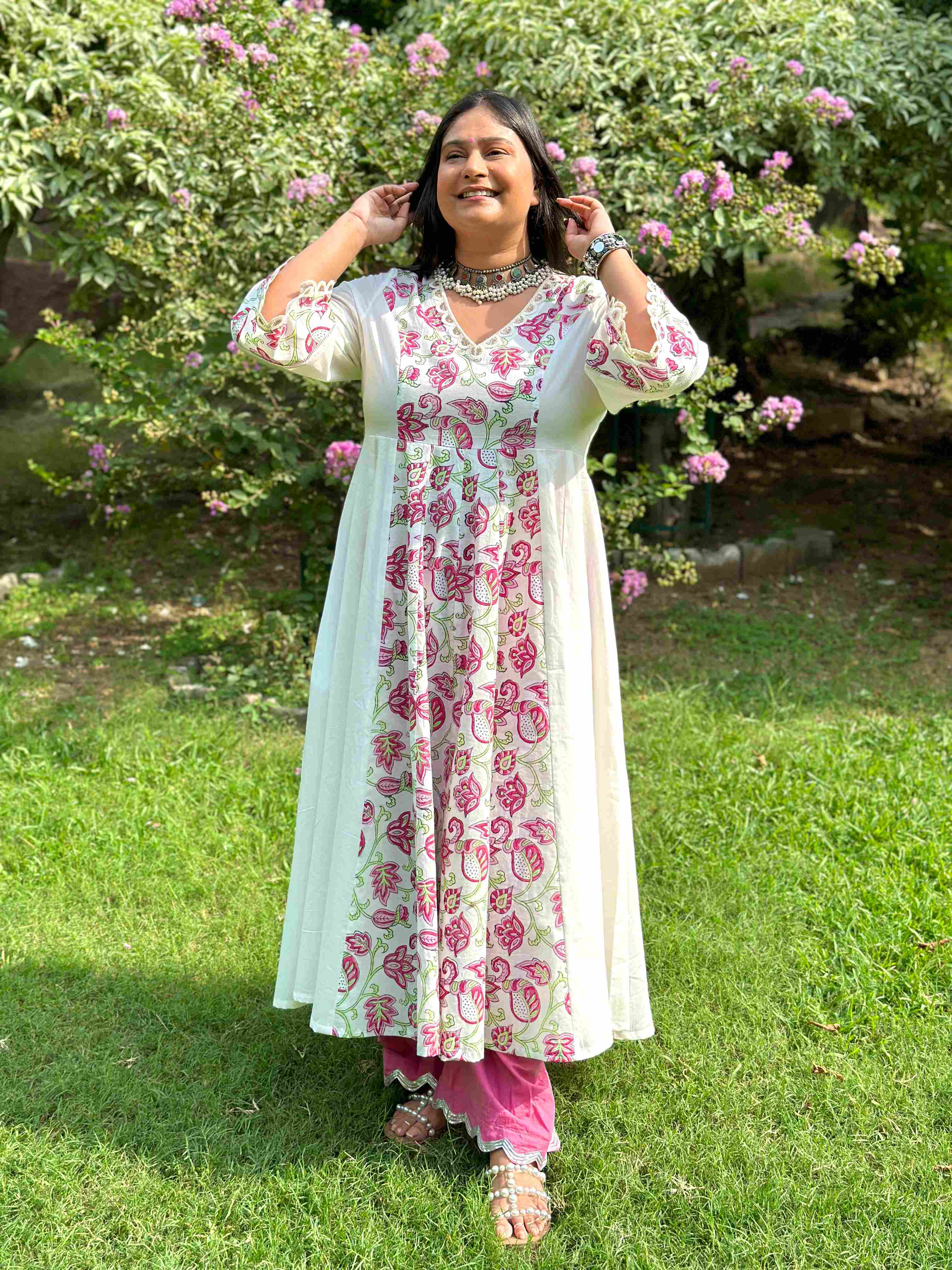 Floral Pirnted Anarkali - White