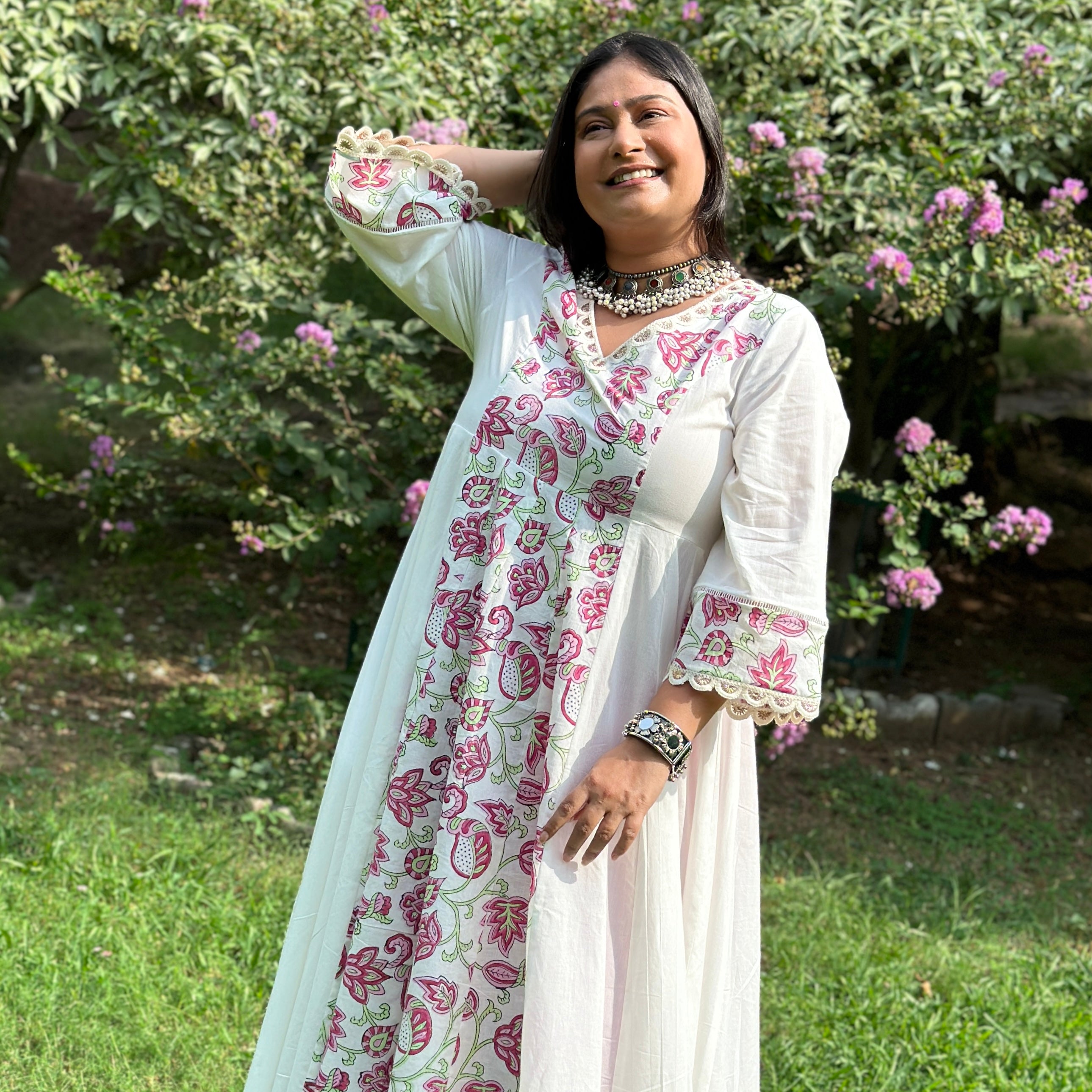 Floral Pirnted Anarkali - White