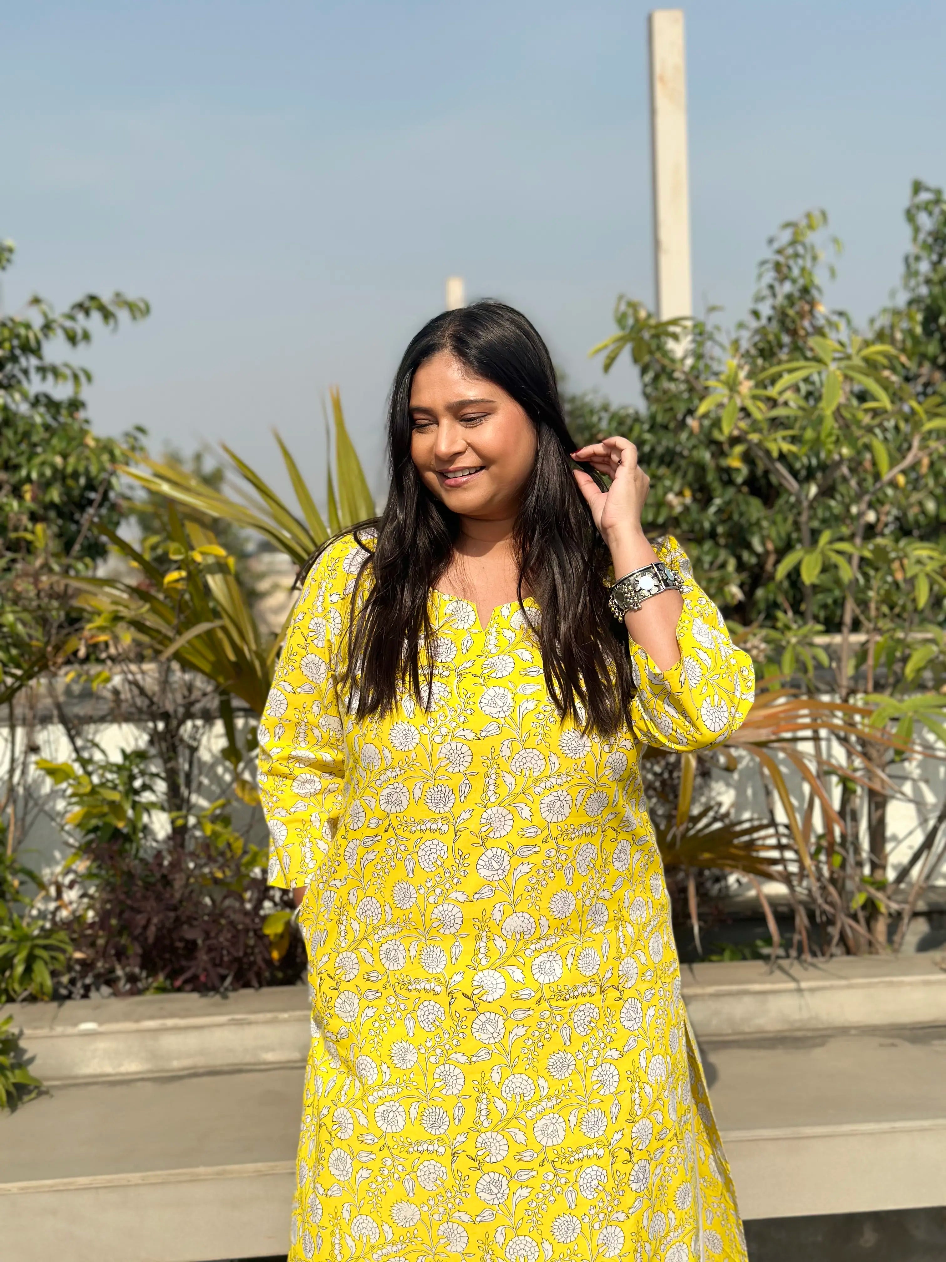 Block Printed Long Kurta - Yellow