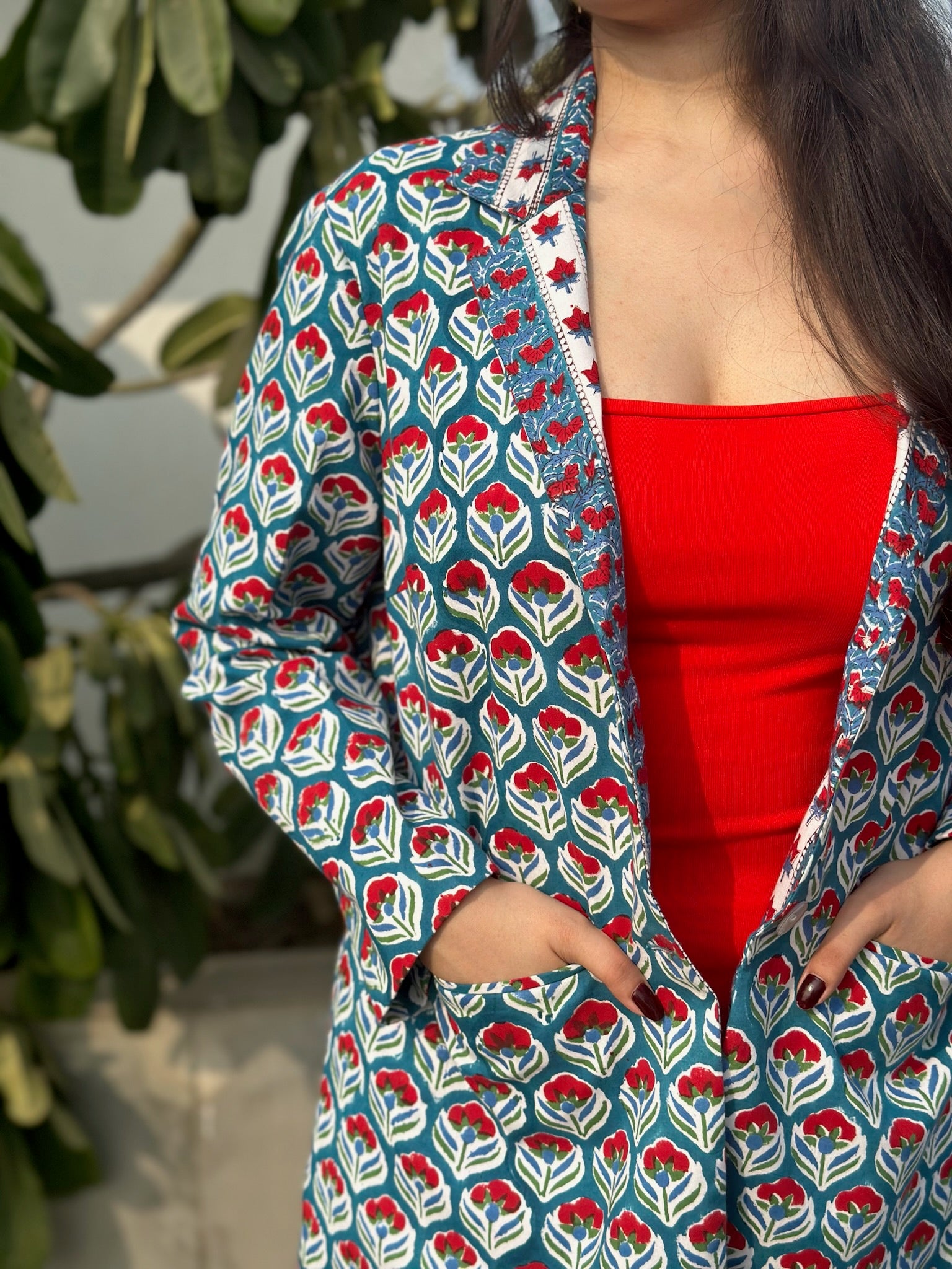 Pattern Block Printed Blazer - Teal