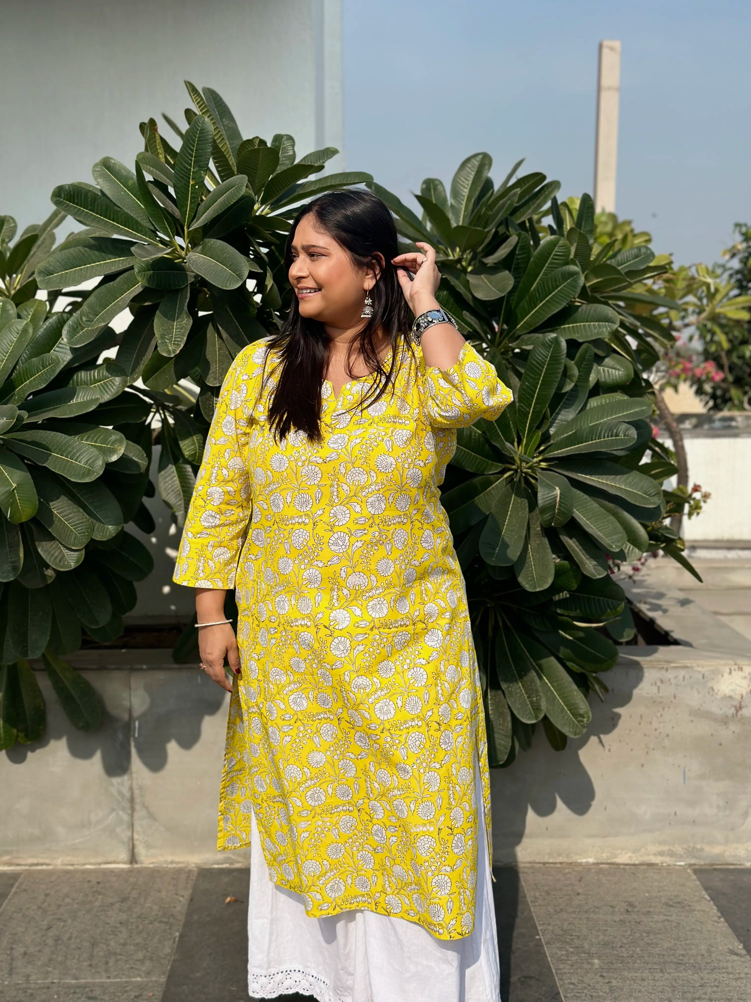 Block Printed Long Kurta - Yellow