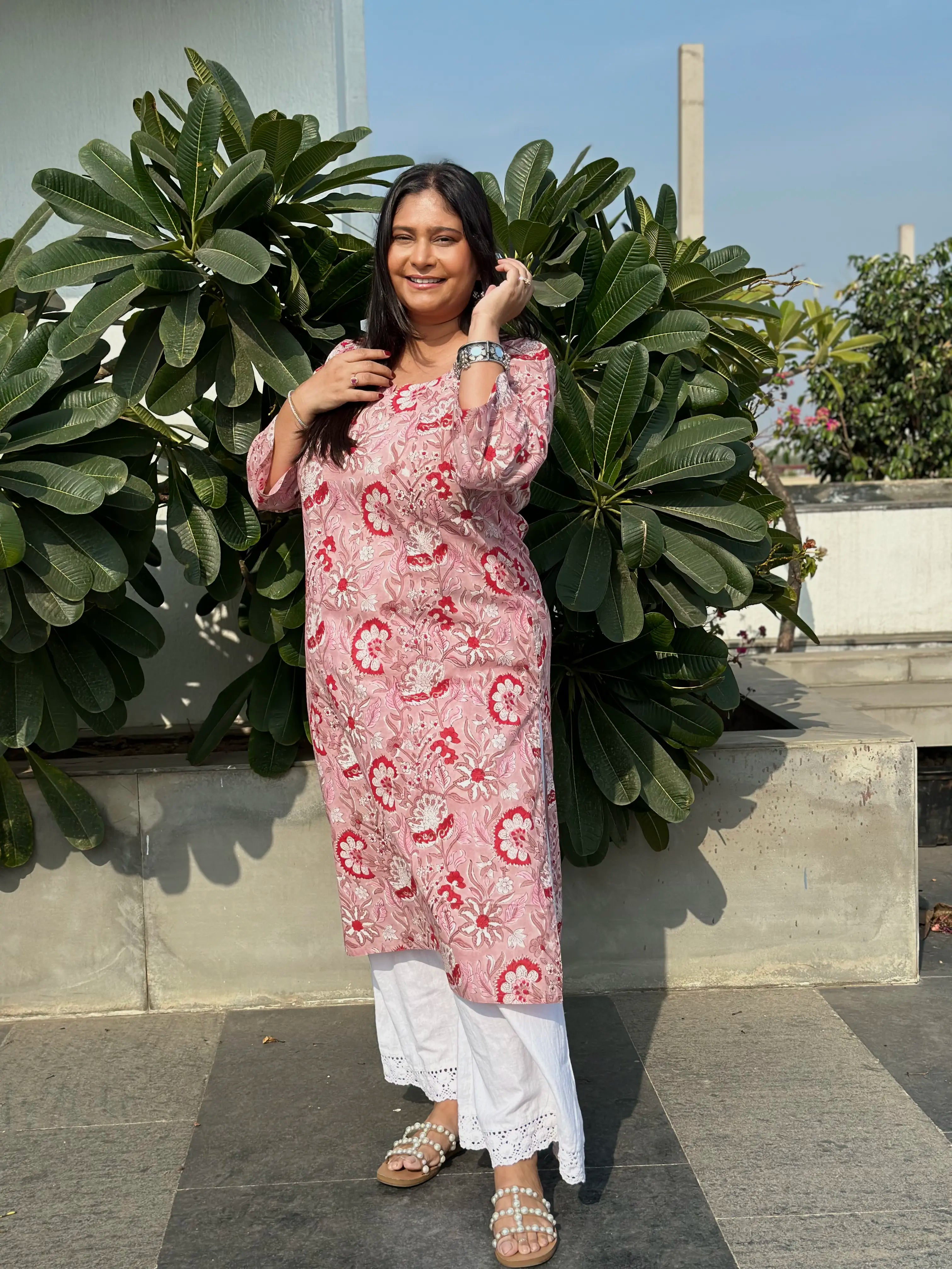 Block Printed Long Kurta- quartz Pink