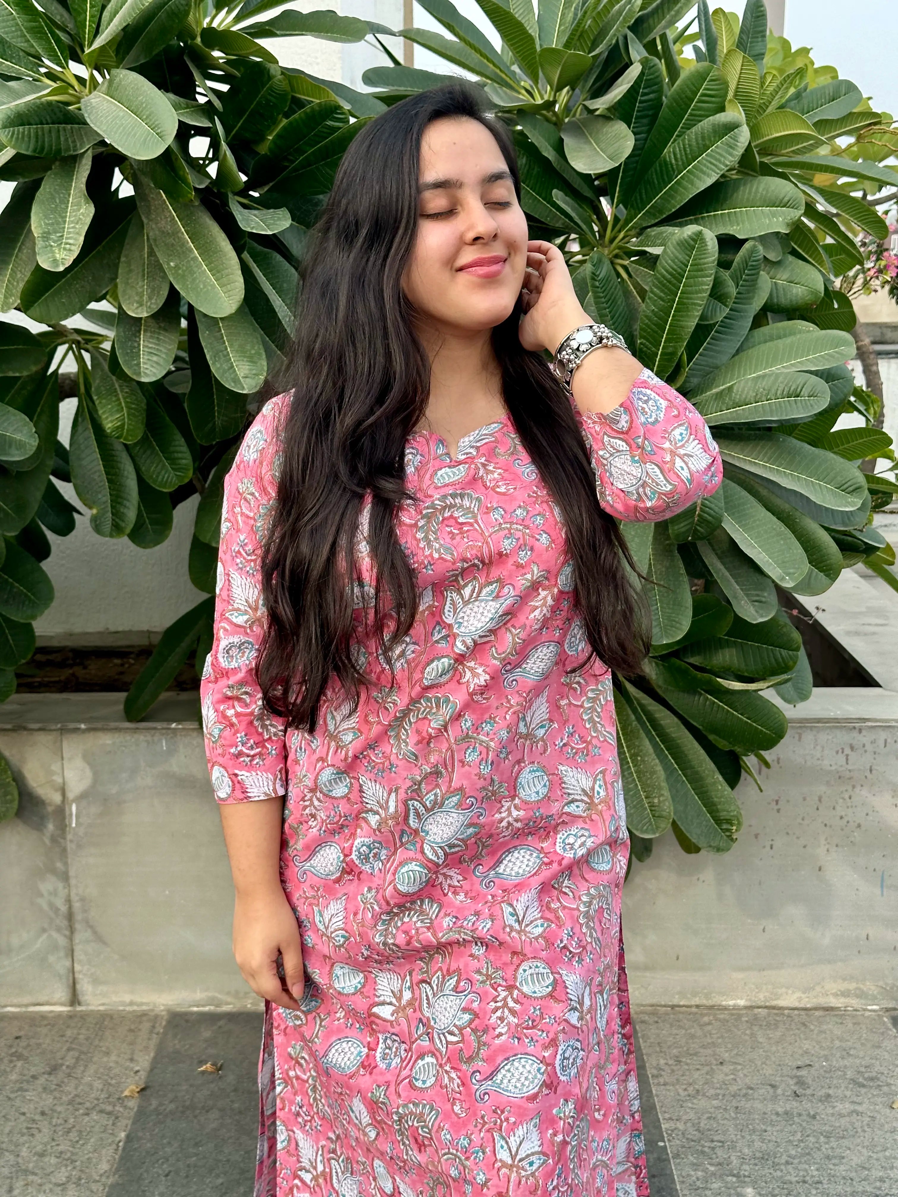 Block Printed Long Kurta - Cream Pink