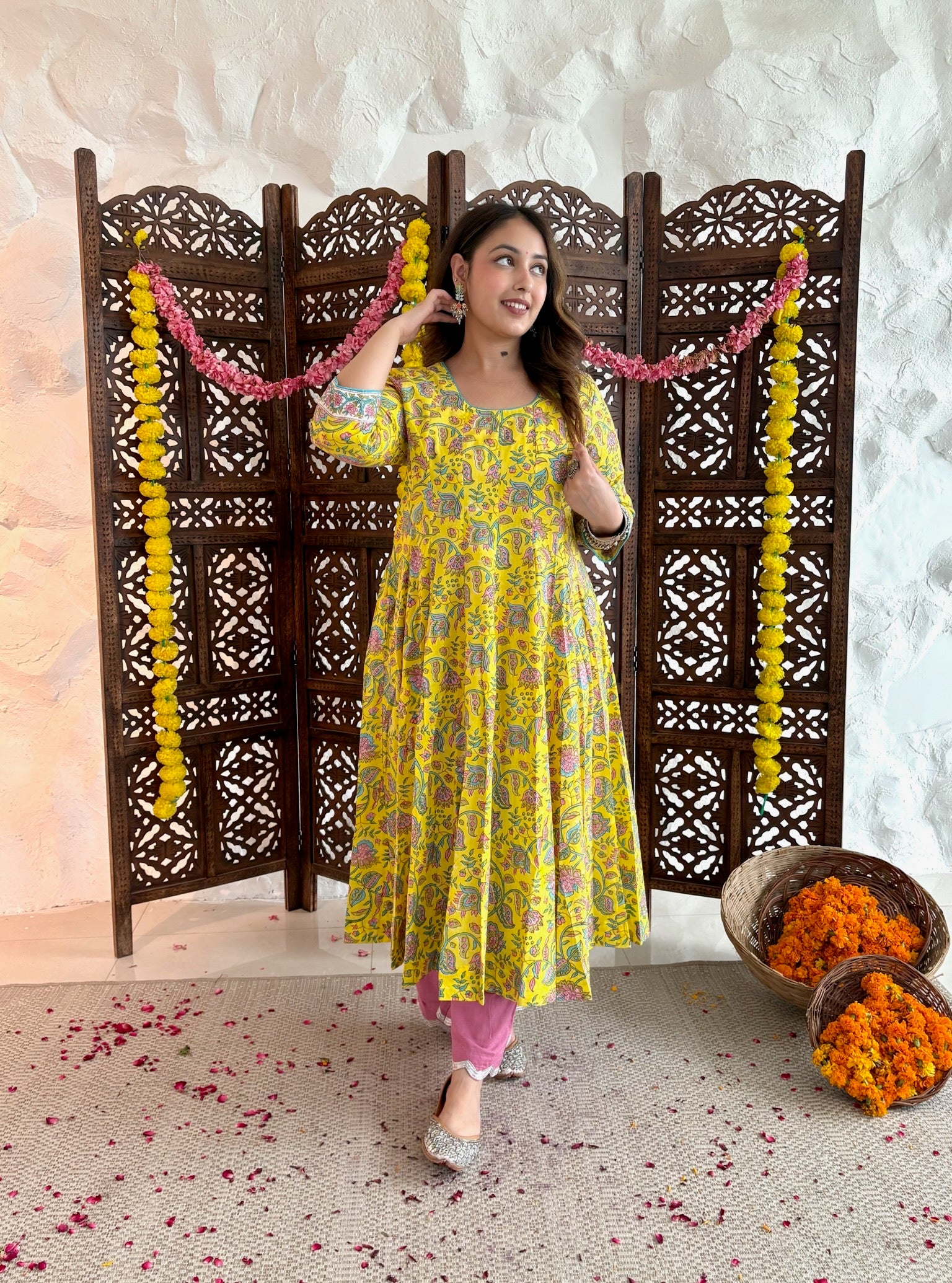 All over printed Anarkali-Yellow