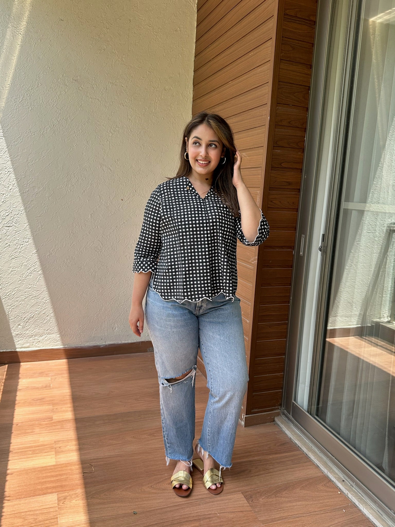 Black White Gingham Scallop Top