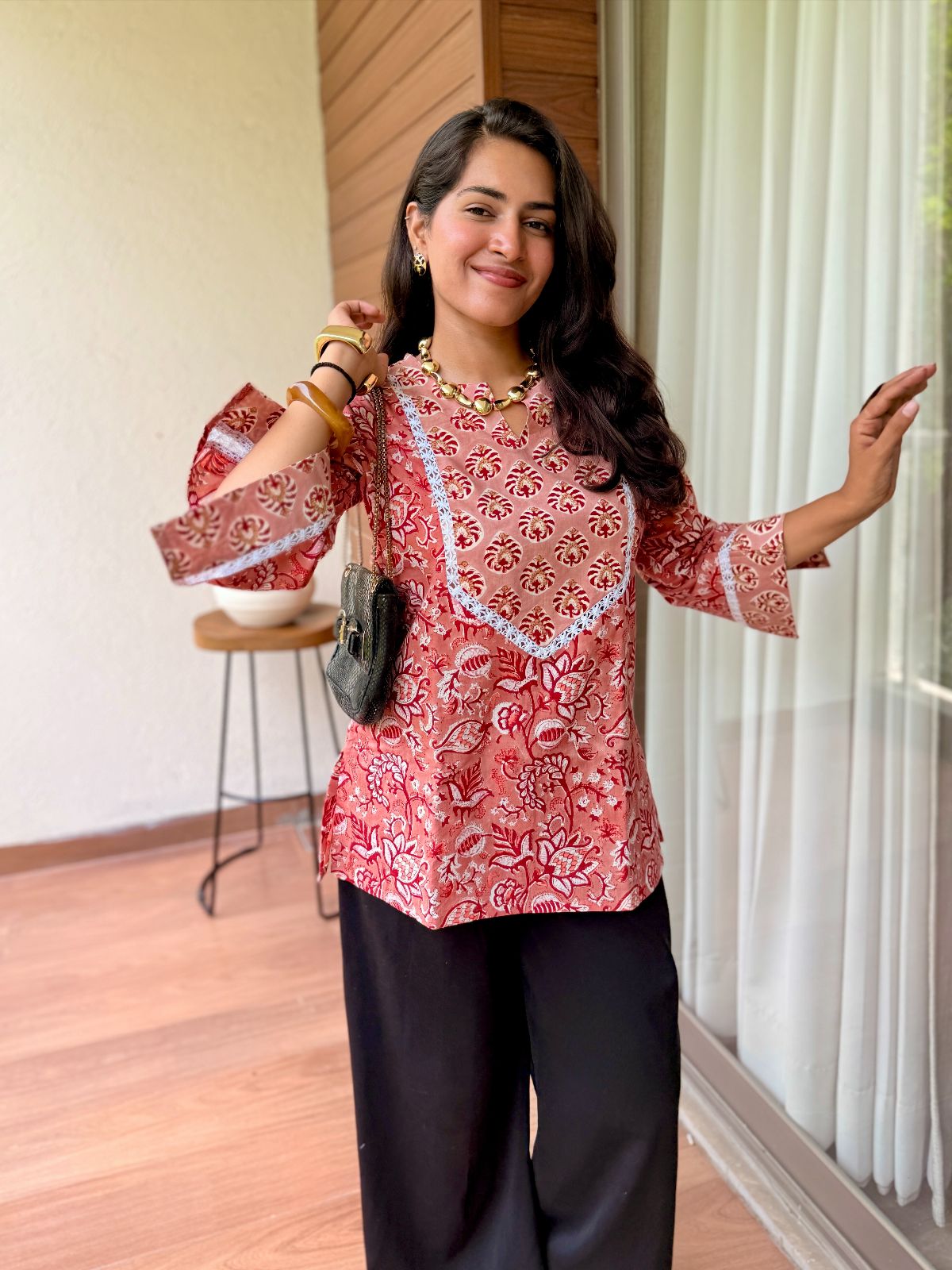 Surkh Yoke Lace Short Kurti