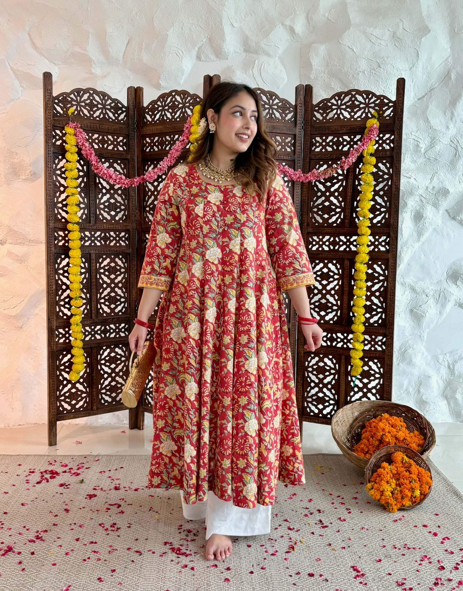 All Over Printed Anarkali - Brick Red