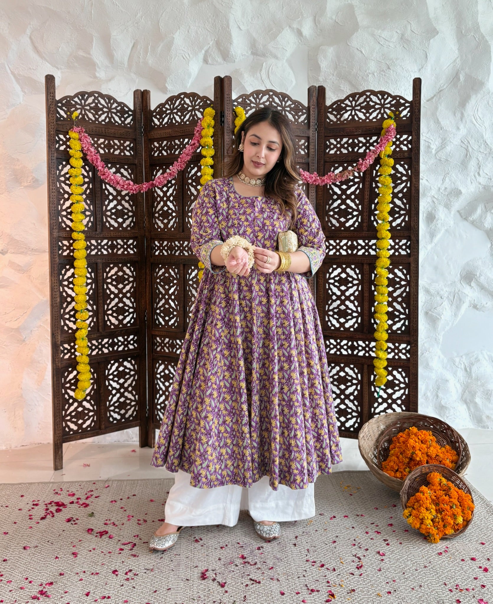 All Over Printed Anarkali - Grape Purple