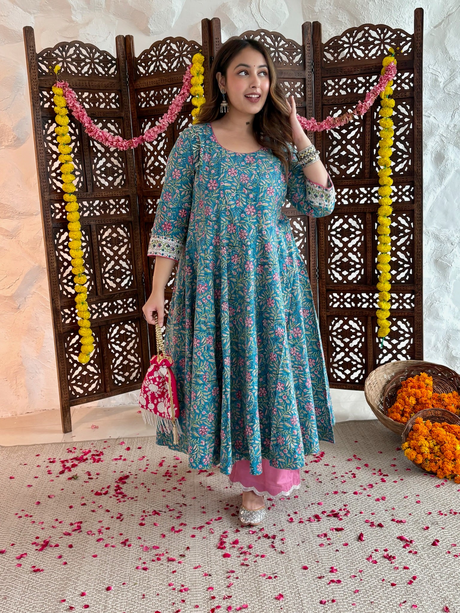 All over printed Anarkali- Teal Blue