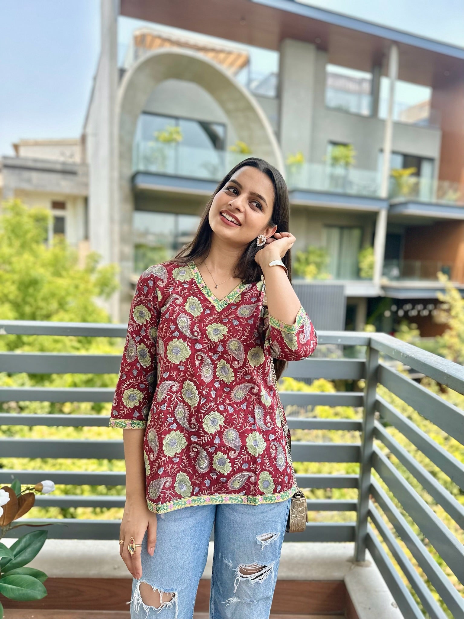Autumn Vine Maroon Short Kurti