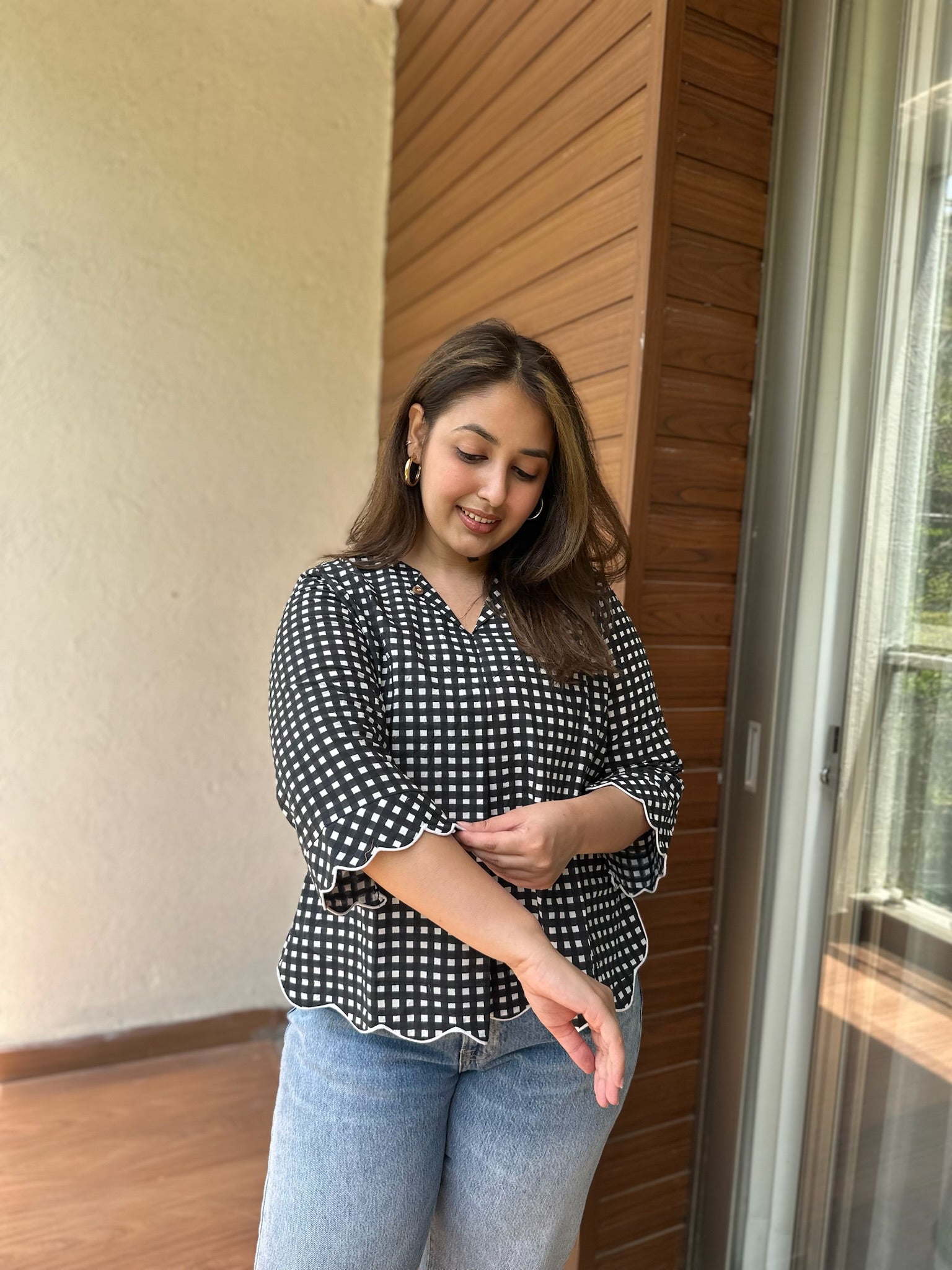 Black White Gingham Scallop Top