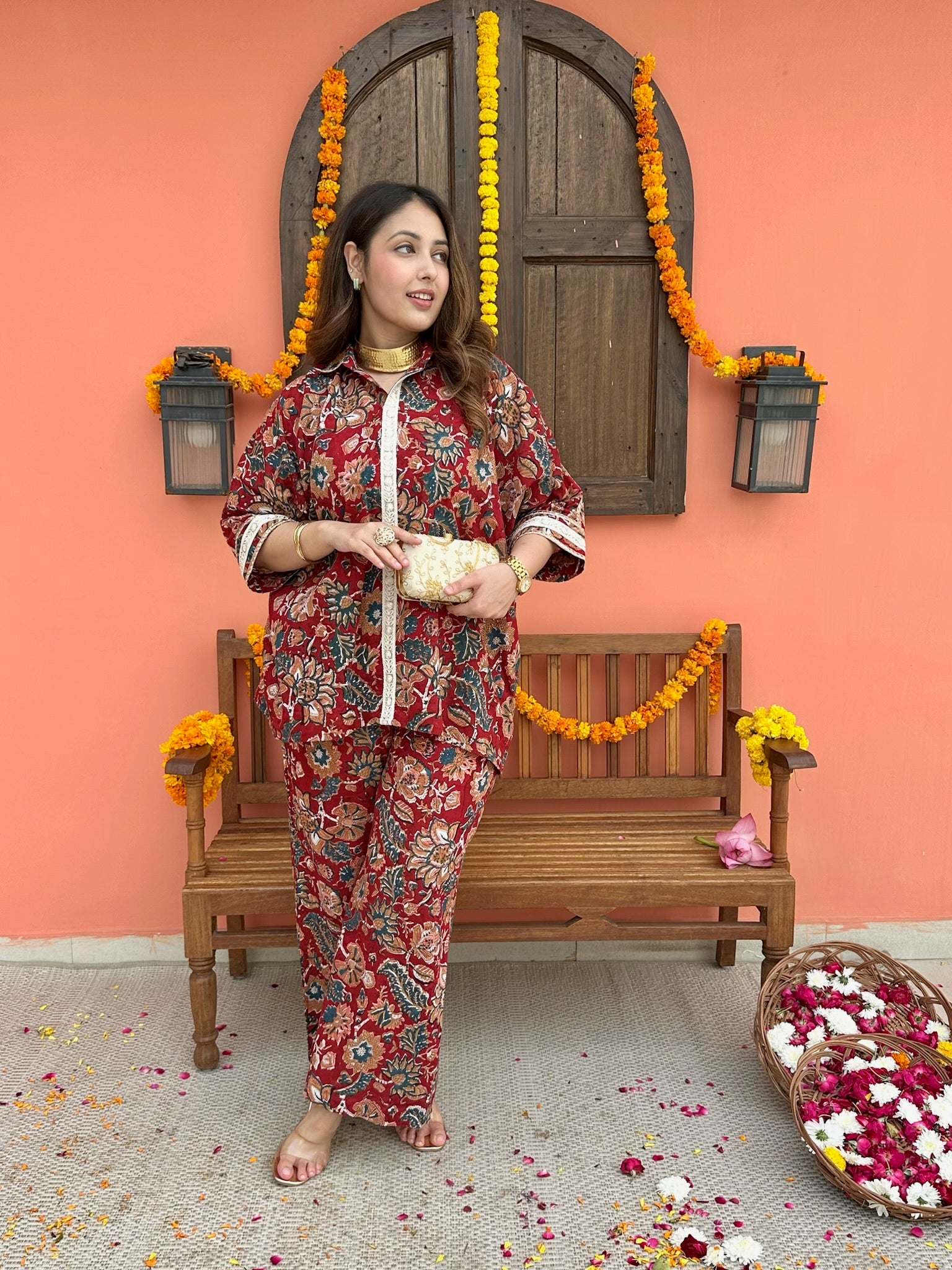 Blossom Veil Asymmetric Mulmul Co-ord Set