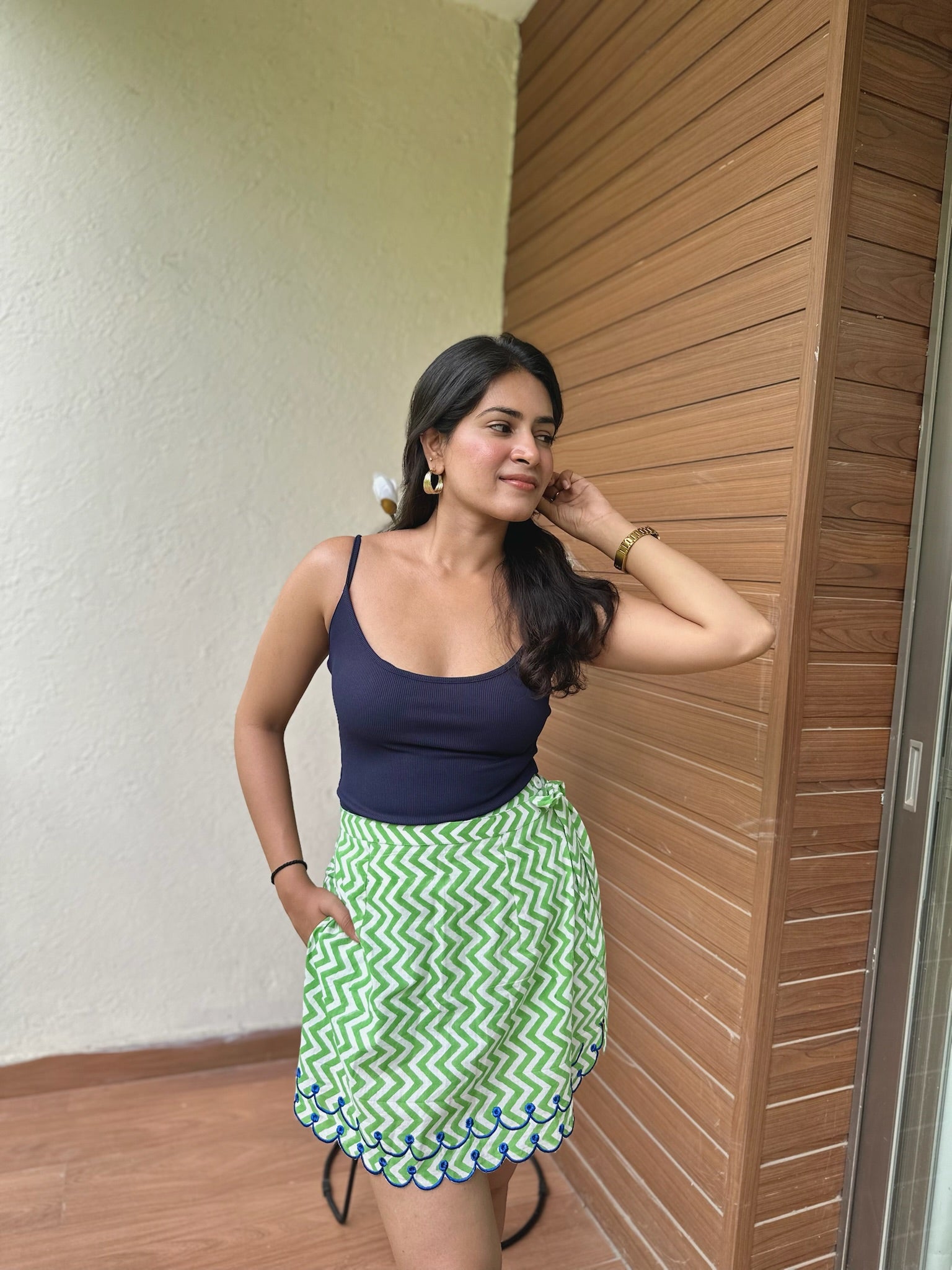 Blue Green Zig Zag Embroidery Skort
