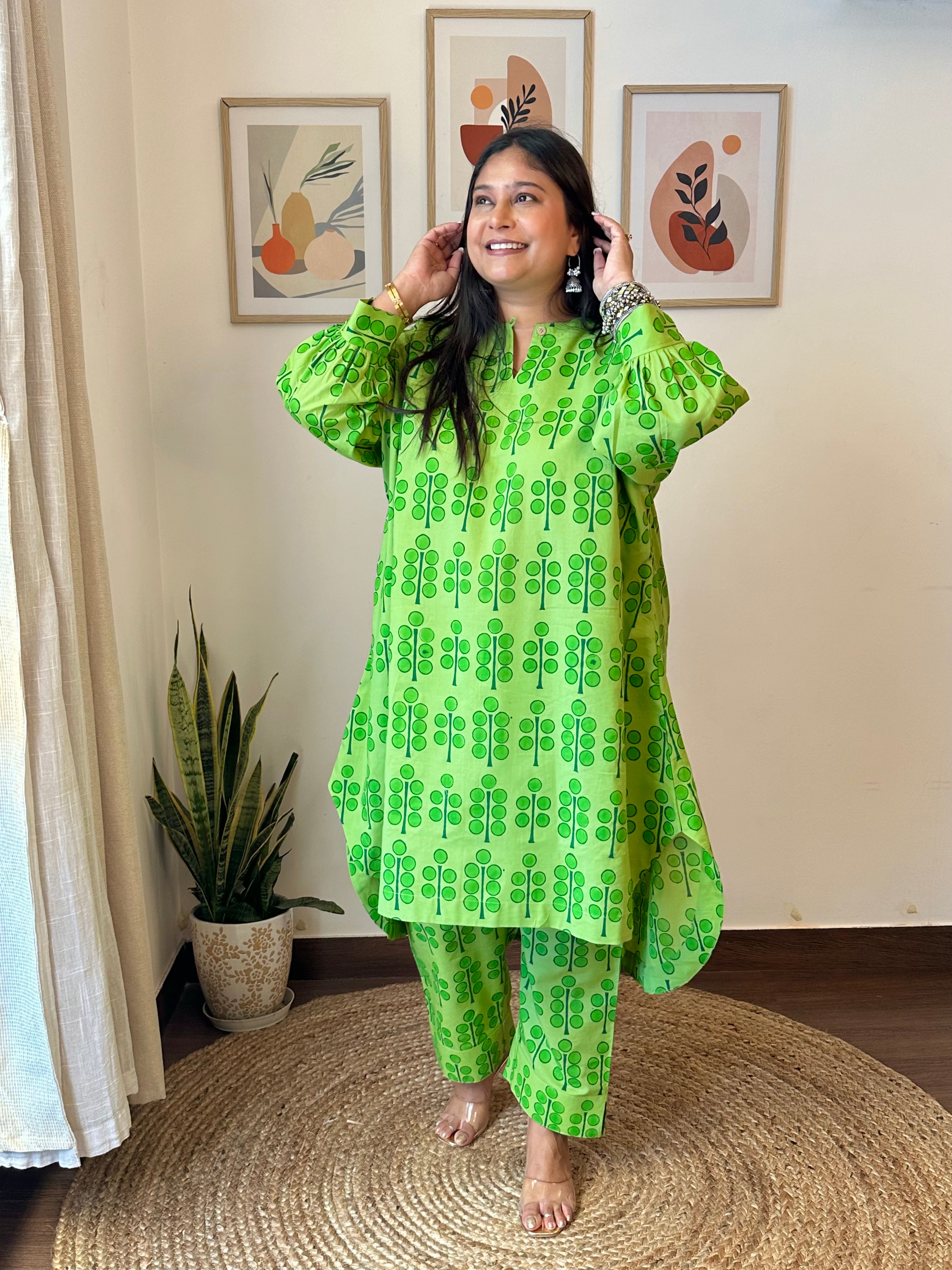 Boxy Polka Stem Green Block Printed Co-ord Set