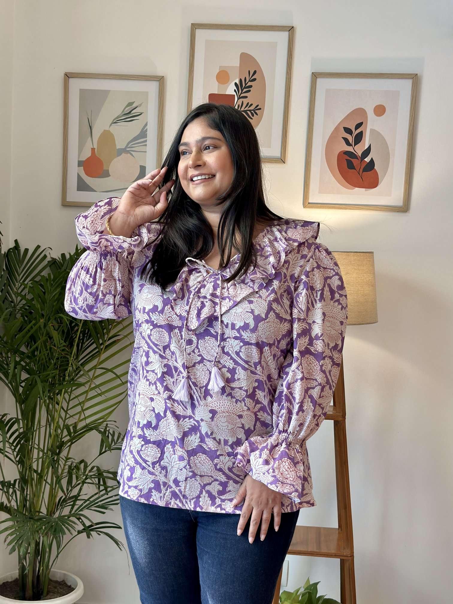 Bright Violet Floral Top - Mannगिरी