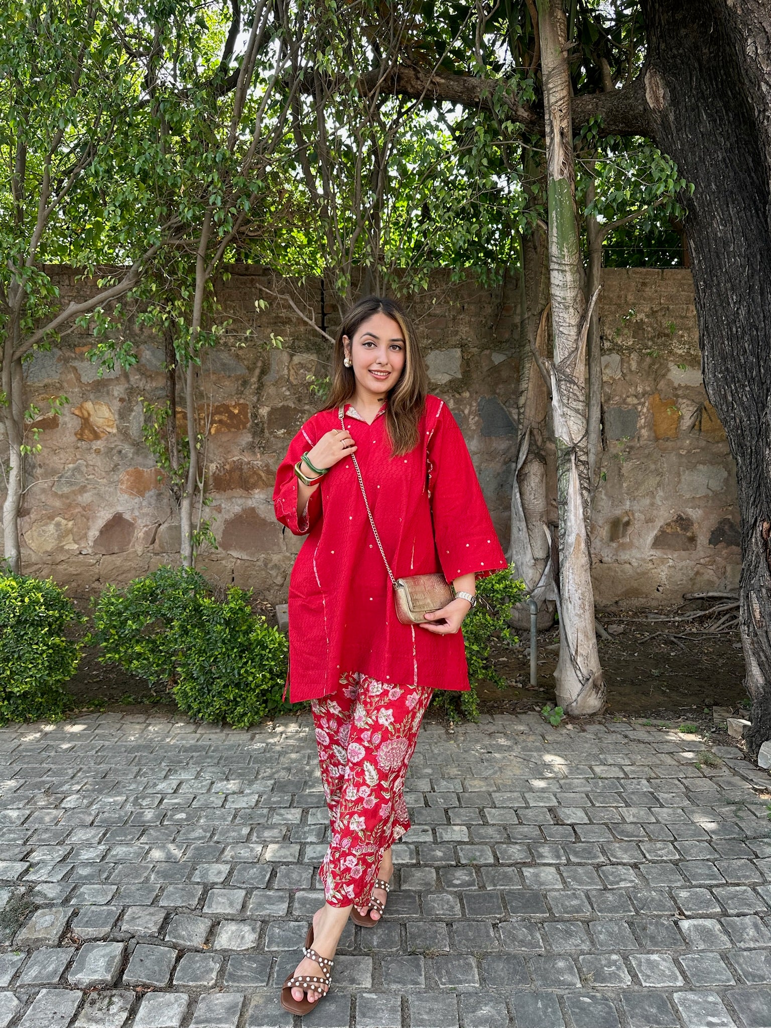 bright red short dobby co-ord set