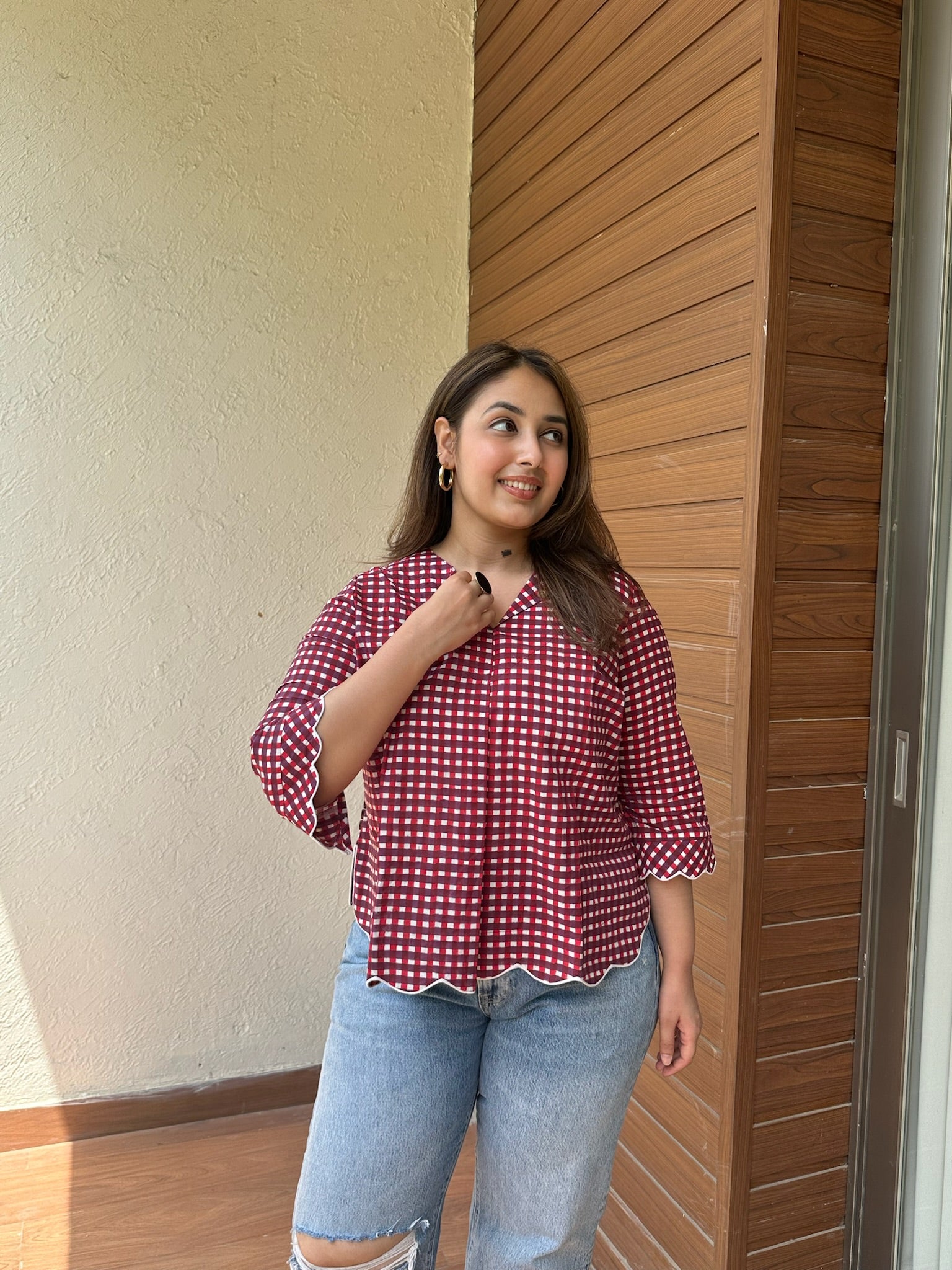Deep Red Gingham Scallop Top