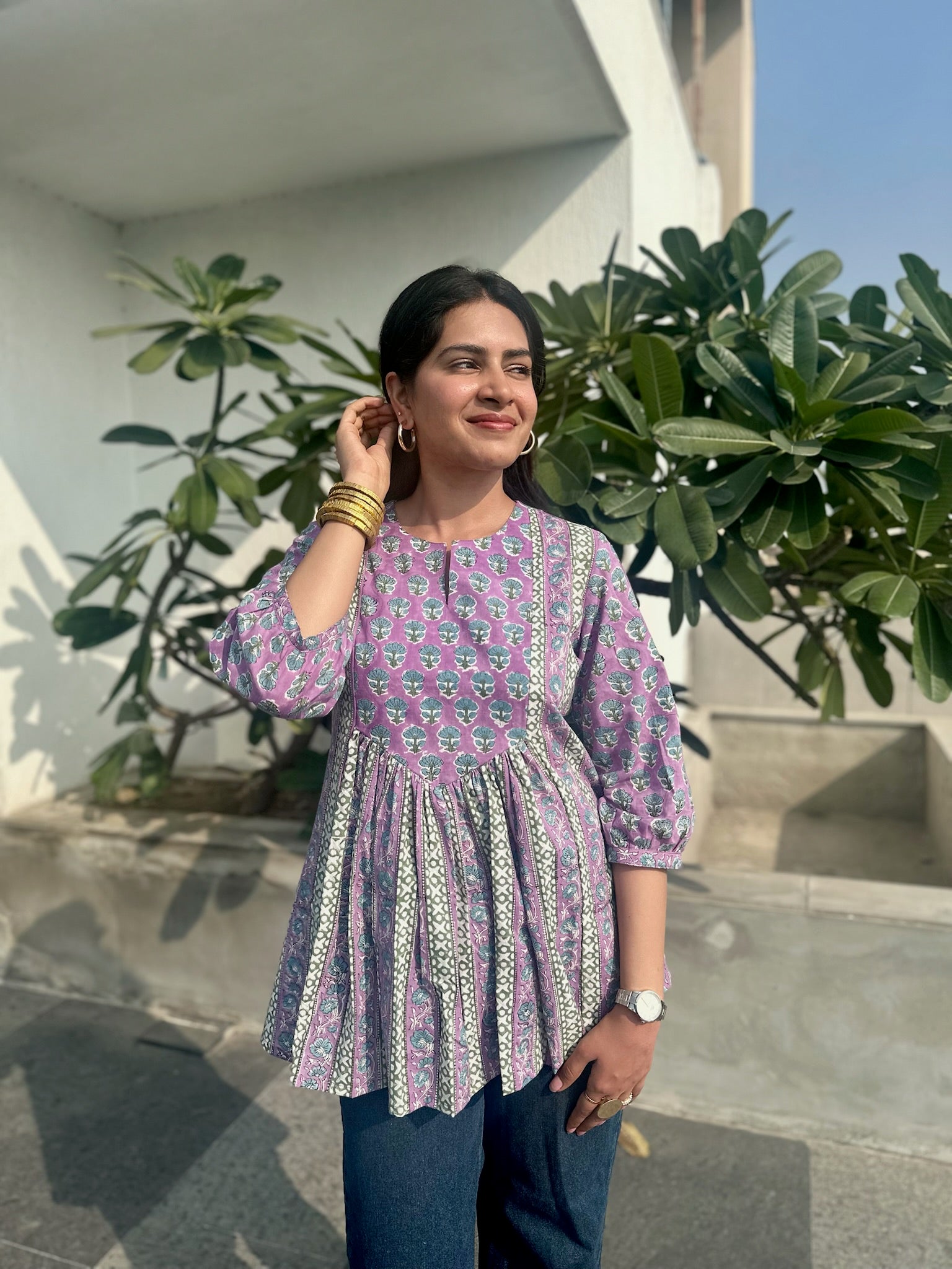 Floral Mauve Gather Short Kurti