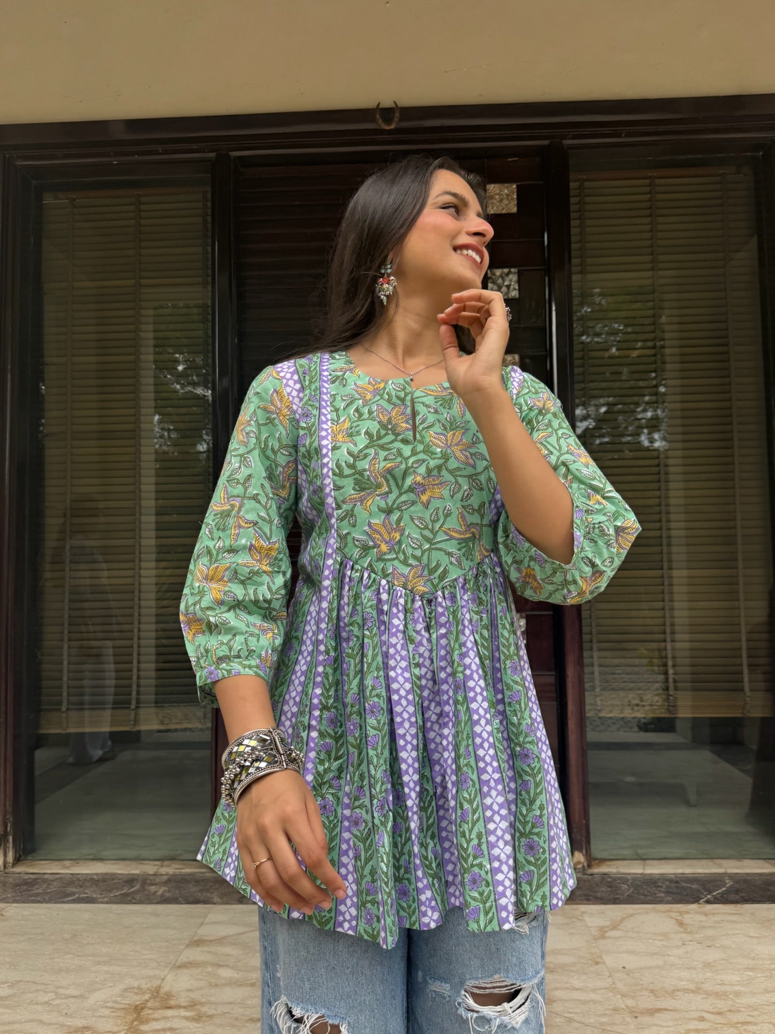Forest Green Gather Short Kurti