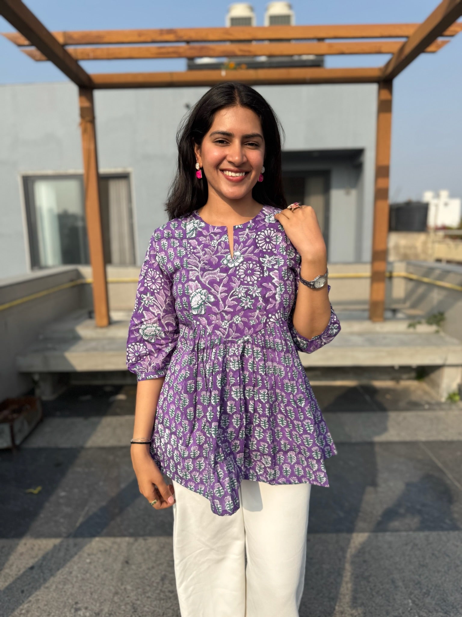 French Purple Gather Short Kurti