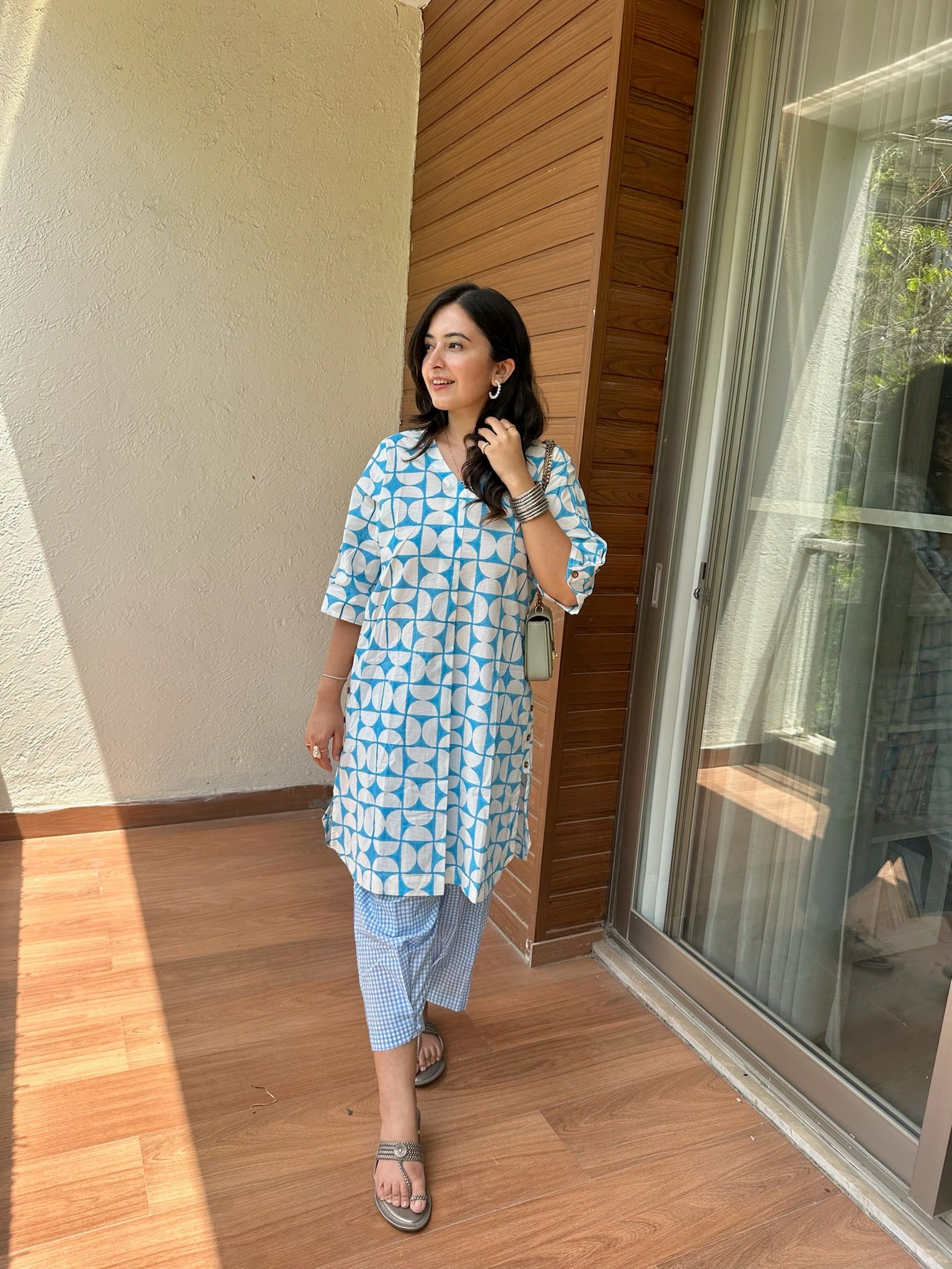 Geometric Blue Side Placket Boxy Co-Ord Set