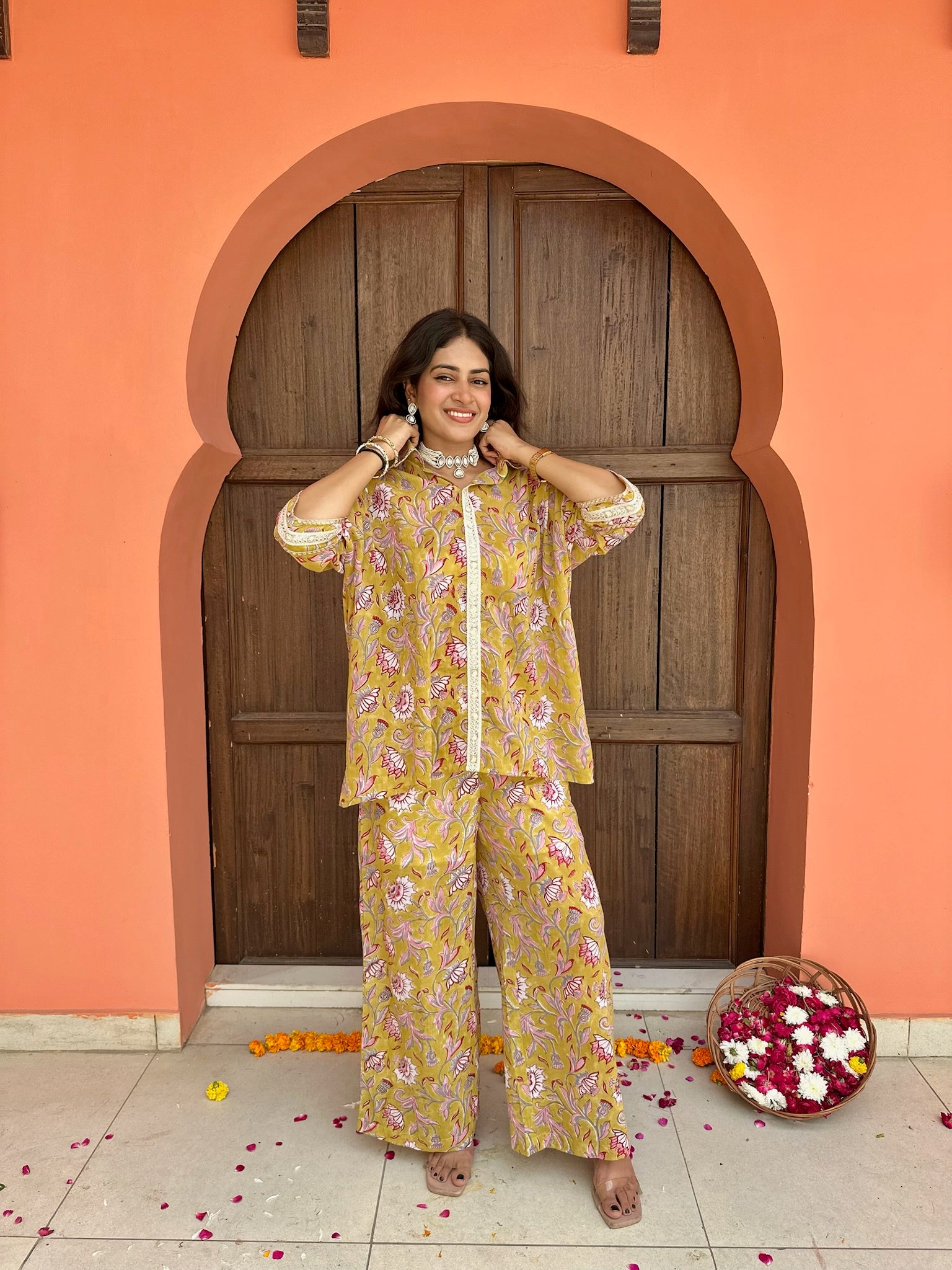 Harvest Glow Asymmetric Mulmul Co-ord Set