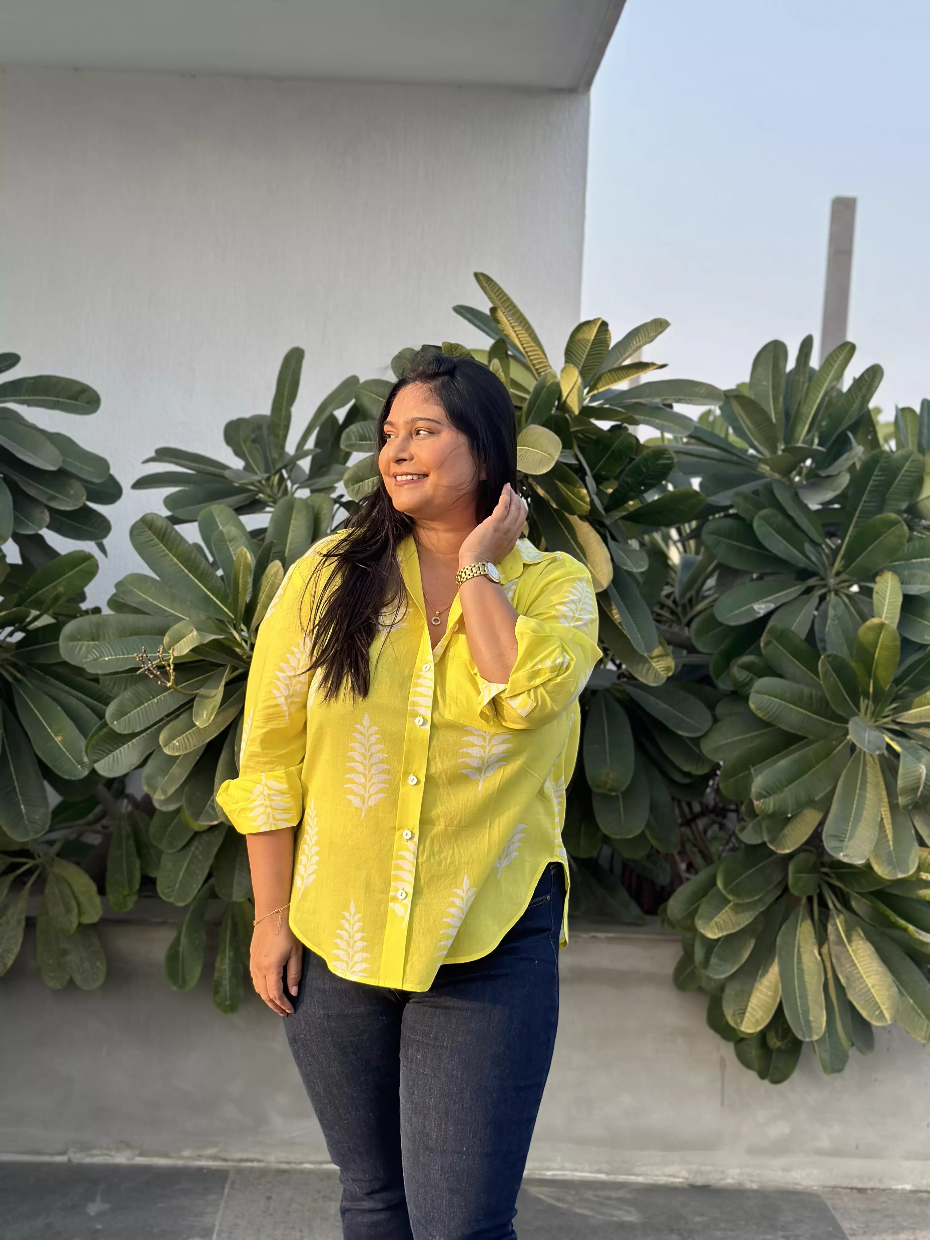 Neon Yellow Handblock Printed Shirt