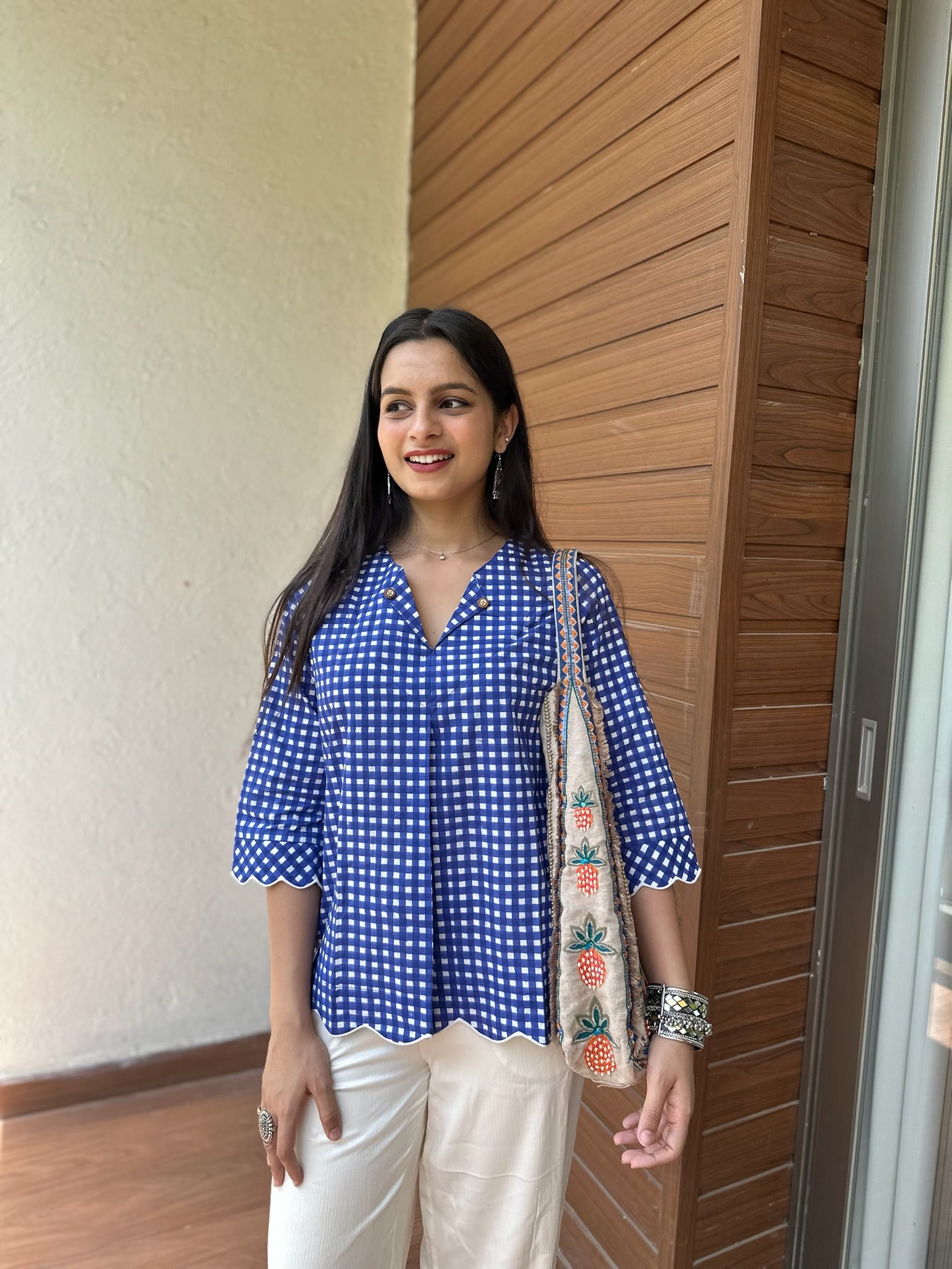 Indigo Gingham Scallop Top