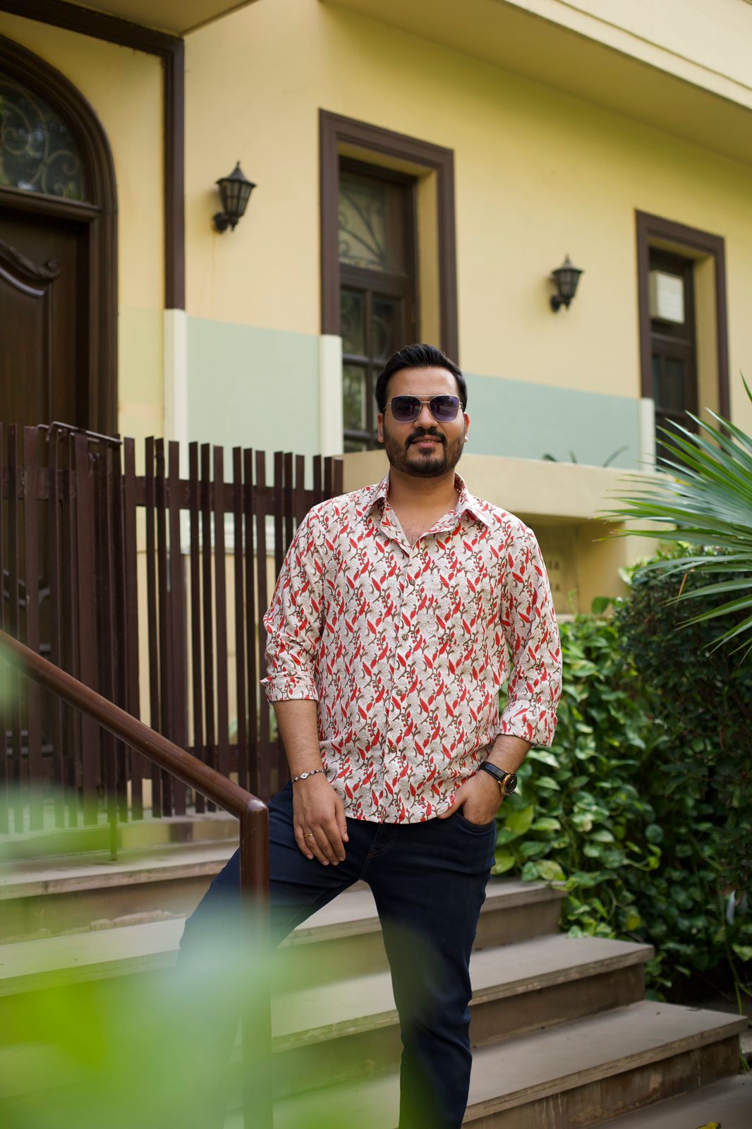 Men Red Rut Printed Cotton Shirt White