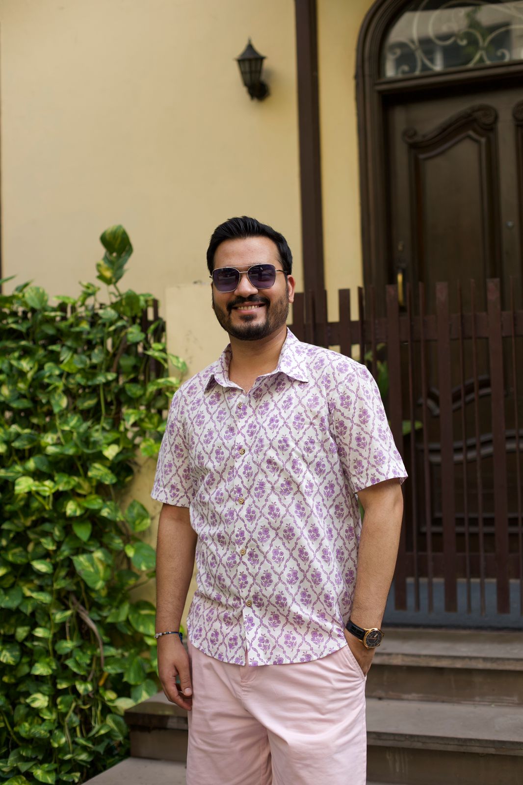 Men Lavender Munnavar Printed Cotton Shirt