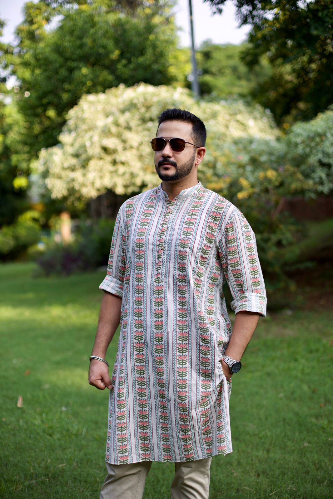 Men Lotus In Stripe Printed Cotton Kurta